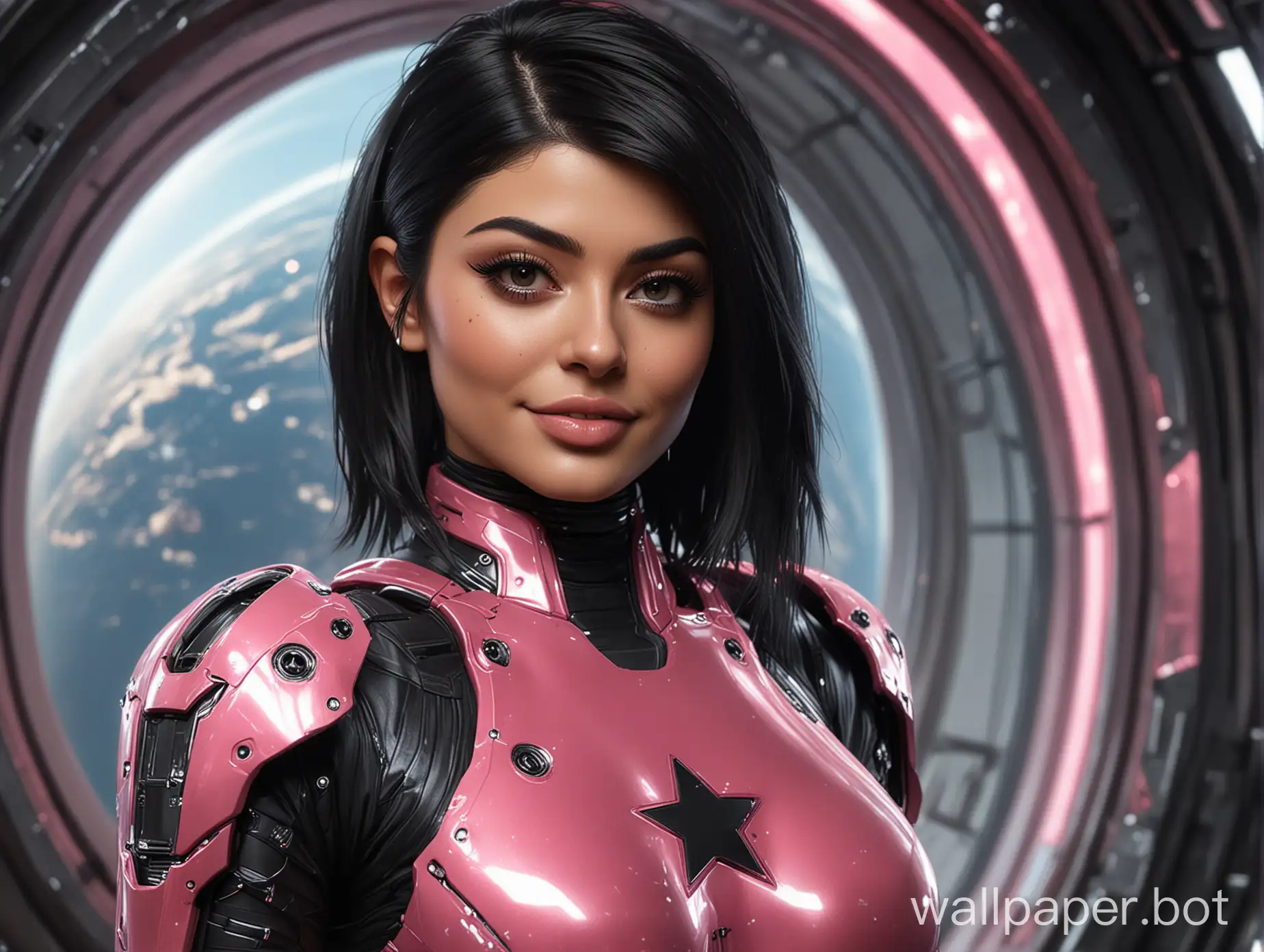 Star Citizen, kylie jenner, selfie, Science-Fiction, close-up headshot, shiny cyber armor undersuit with the 3 colors Pink Black Silver, curvy female bodyshape, stars and planet through a window in the background, black shoulder long hair, natural black eyes, futuristic headgear, open smiling with showing teeth