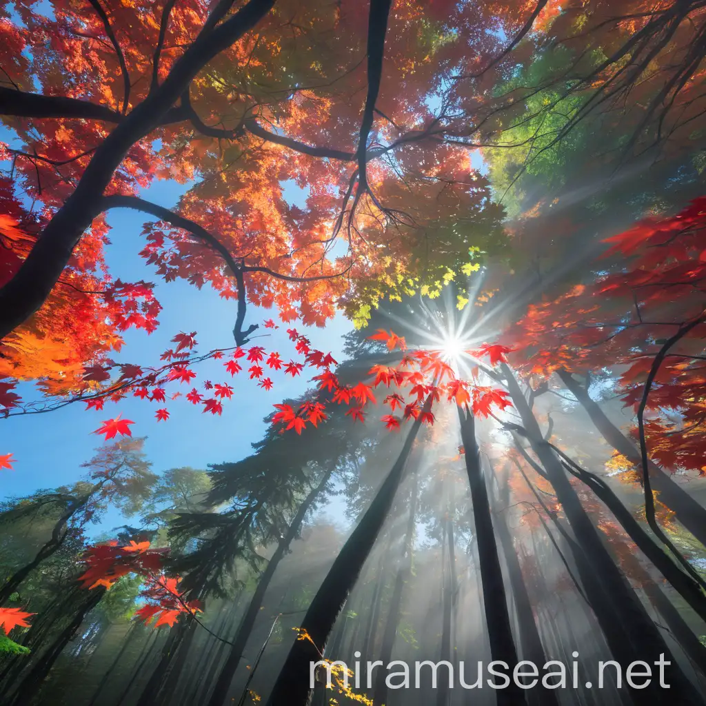 Red and Green Maple Forest with Sunlight