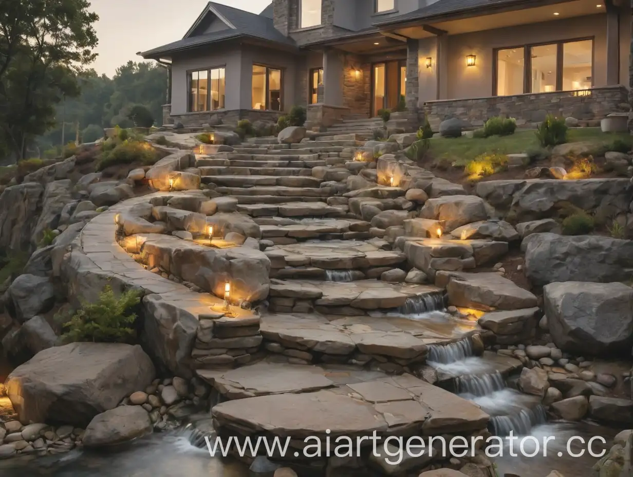 Serene-Landscape-with-Hillside-Staircase-and-Flowing-Water