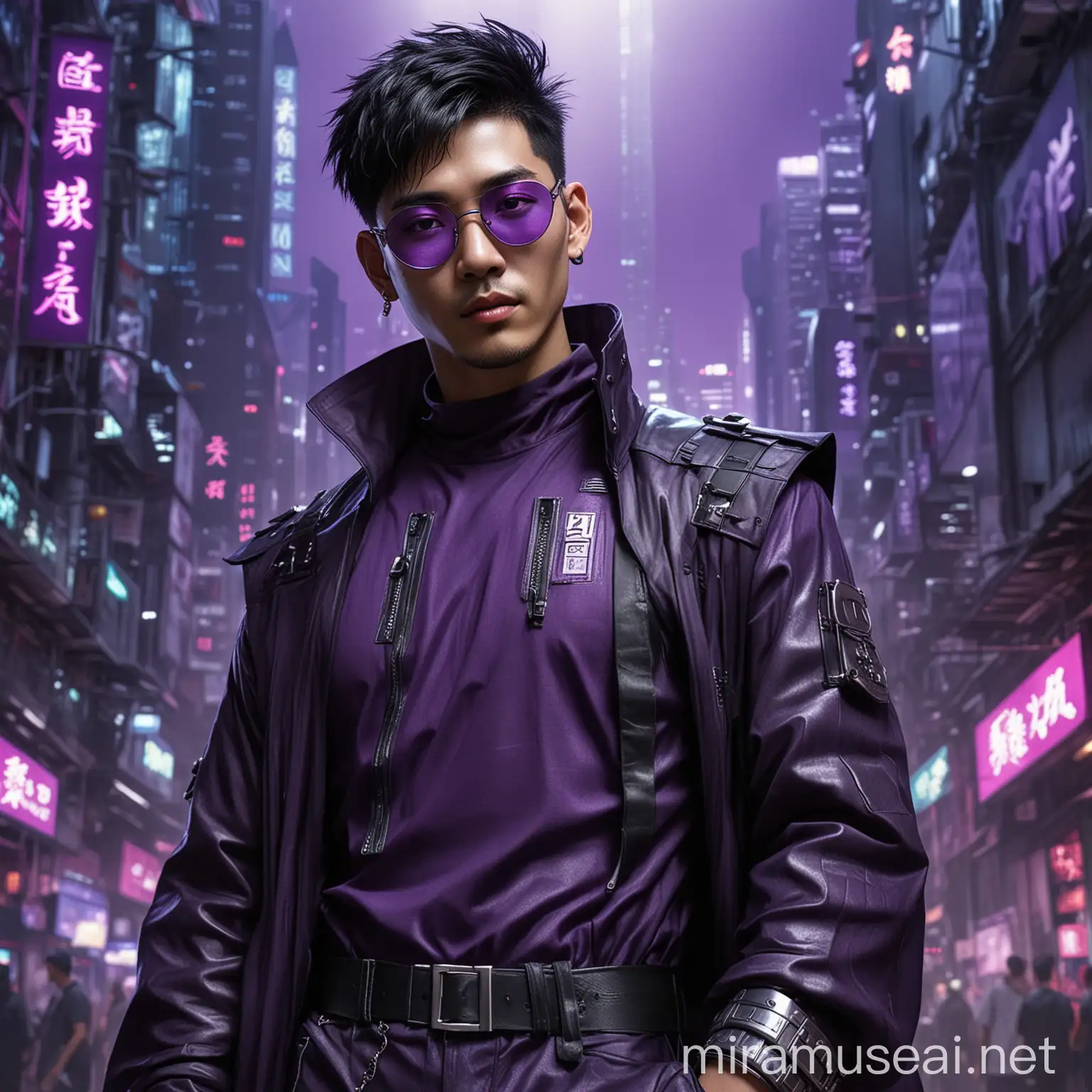 purple themed cyberpunk hong kong men, tall, with round silver glasses, slightly curly short black hair, with the clothes on, add a bit hong kong elements as background