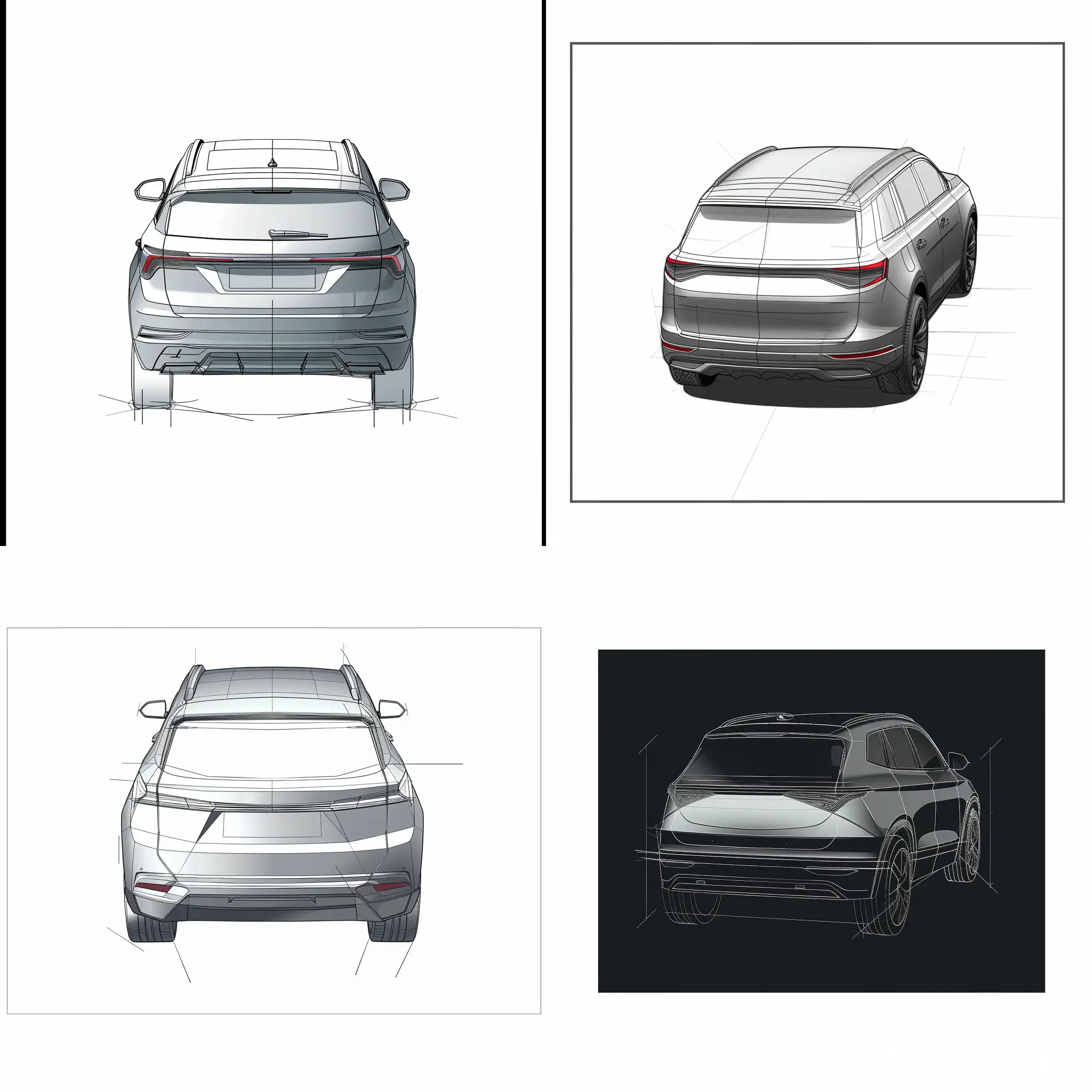 一张SUV车辆的线稿，简单的线条和写实的轮廓，视角为正后视微微抬起大约30度，可以看到一部分车顶