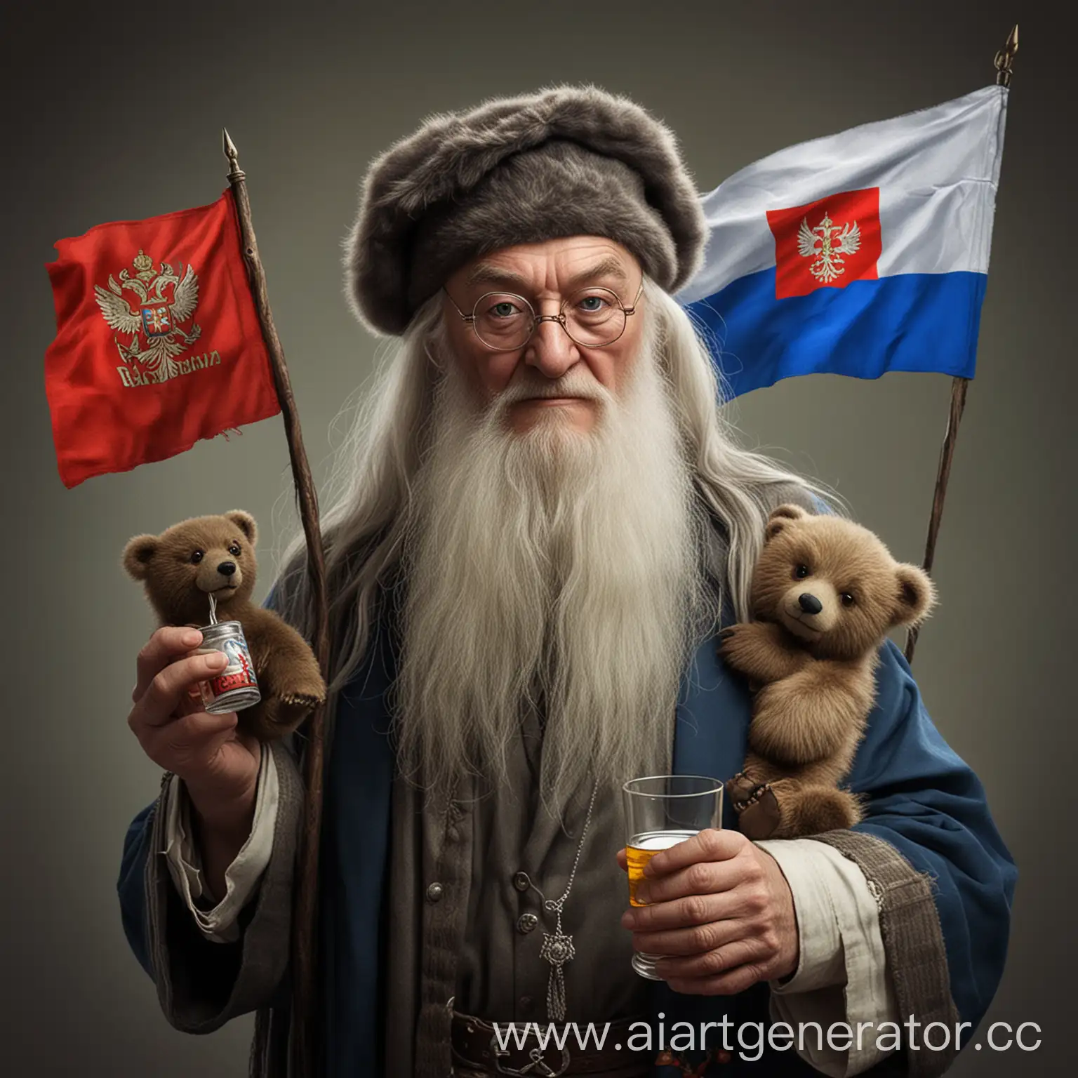 Russian-Dumbledore-Holding-Vodka-Bear-and-Flag-of-Russia