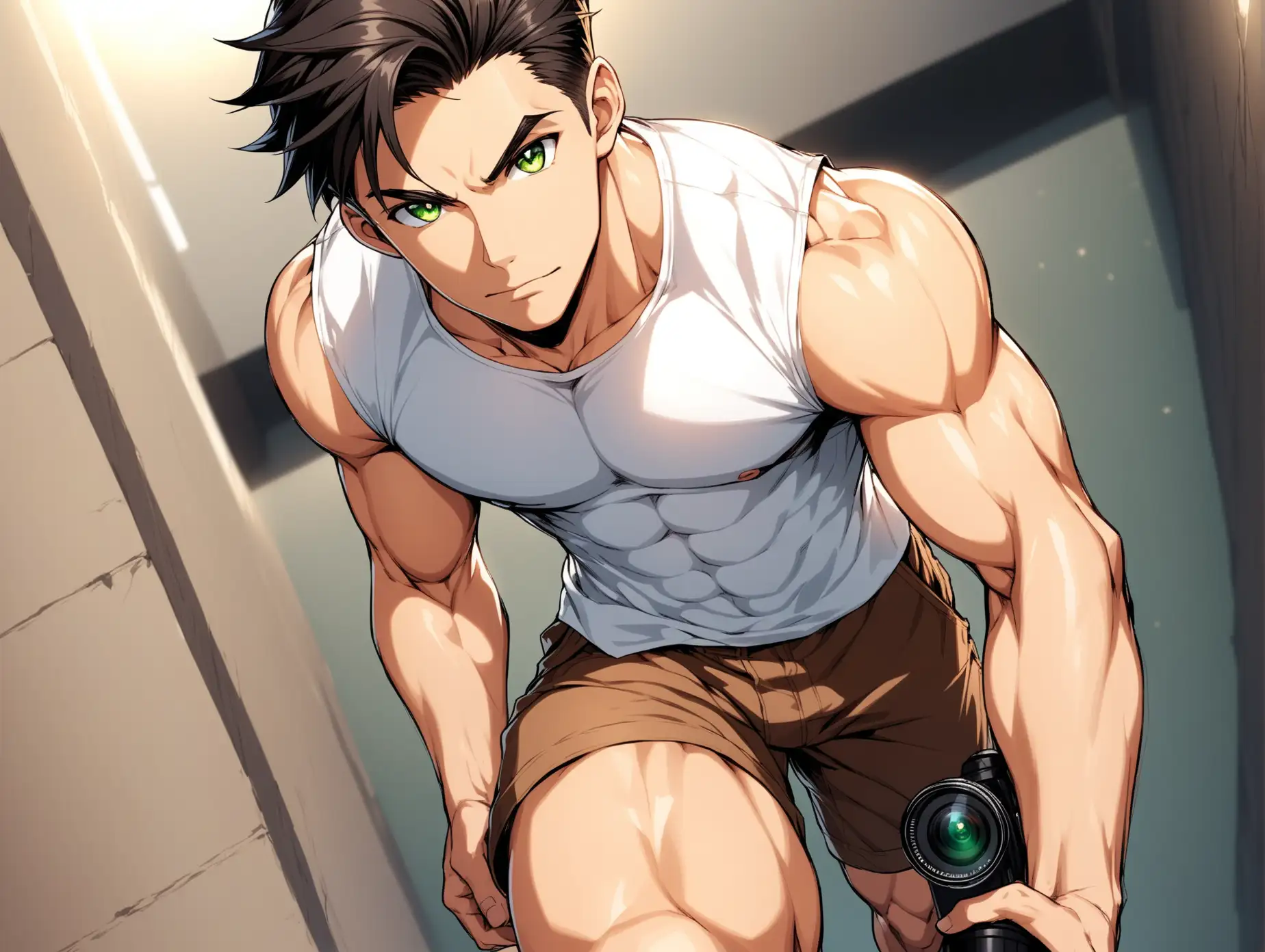 male, toned body, green eyes, black crew hair, broad shoulders, white shirts with 
Shoulders and arms are exposed, brown shorts showing the knees, only one person,  camera pov: dottom(location: under knees) to top, stand(straighten one's waist), charactor pov: down, the outline of a genitalia