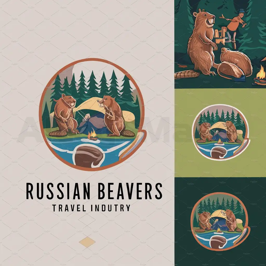 a logo design,with the text "flat color drawing of Russian beavers company, in the forest near a river, at a tourist tent, at a campfire, unusual behavior", main symbol:beavers,complex,be used in Travel industry,clear background