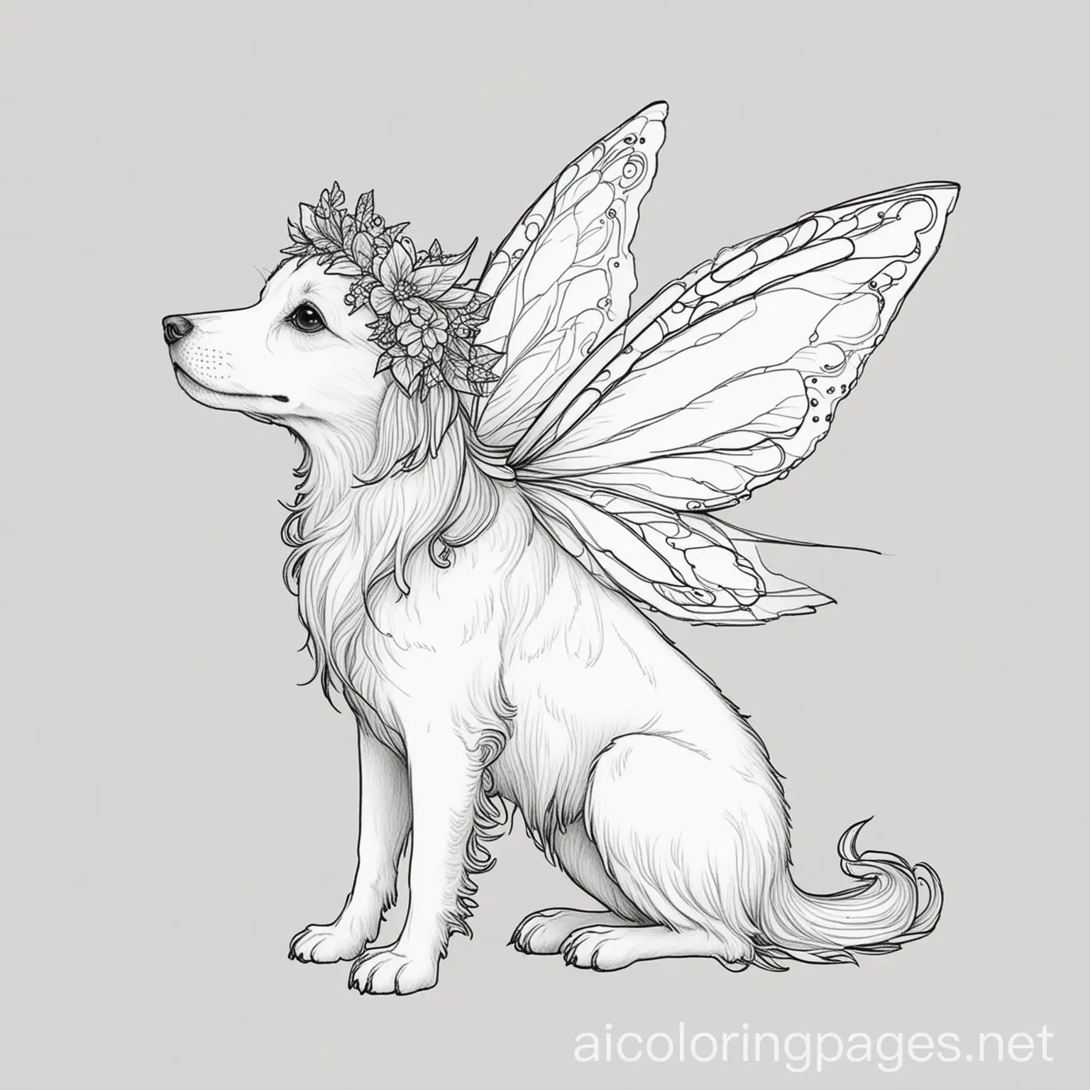 Fairy dog
, Coloring Page, black and white, line art, white background, Simplicity, Ample White Space. The background of the coloring page is plain white to make it easy for young children to color within the lines. The outlines of all the subjects are easy to distinguish, making it simple for kids to color without too much difficulty