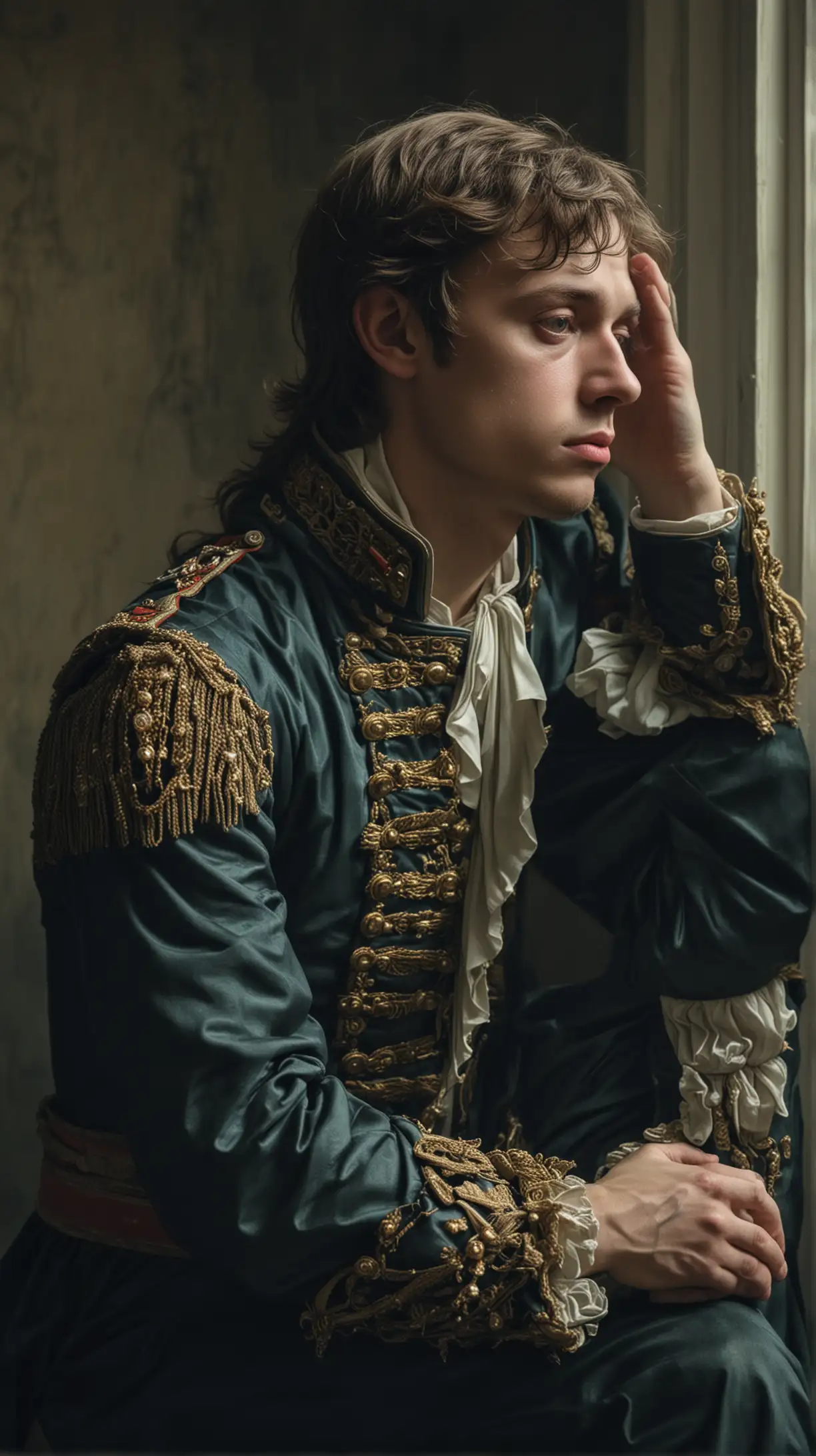 Depict Alexei, the neglected son of Peter the Great, looking despondent and isolated, reflecting his feelings of abandonment and disillusionment.