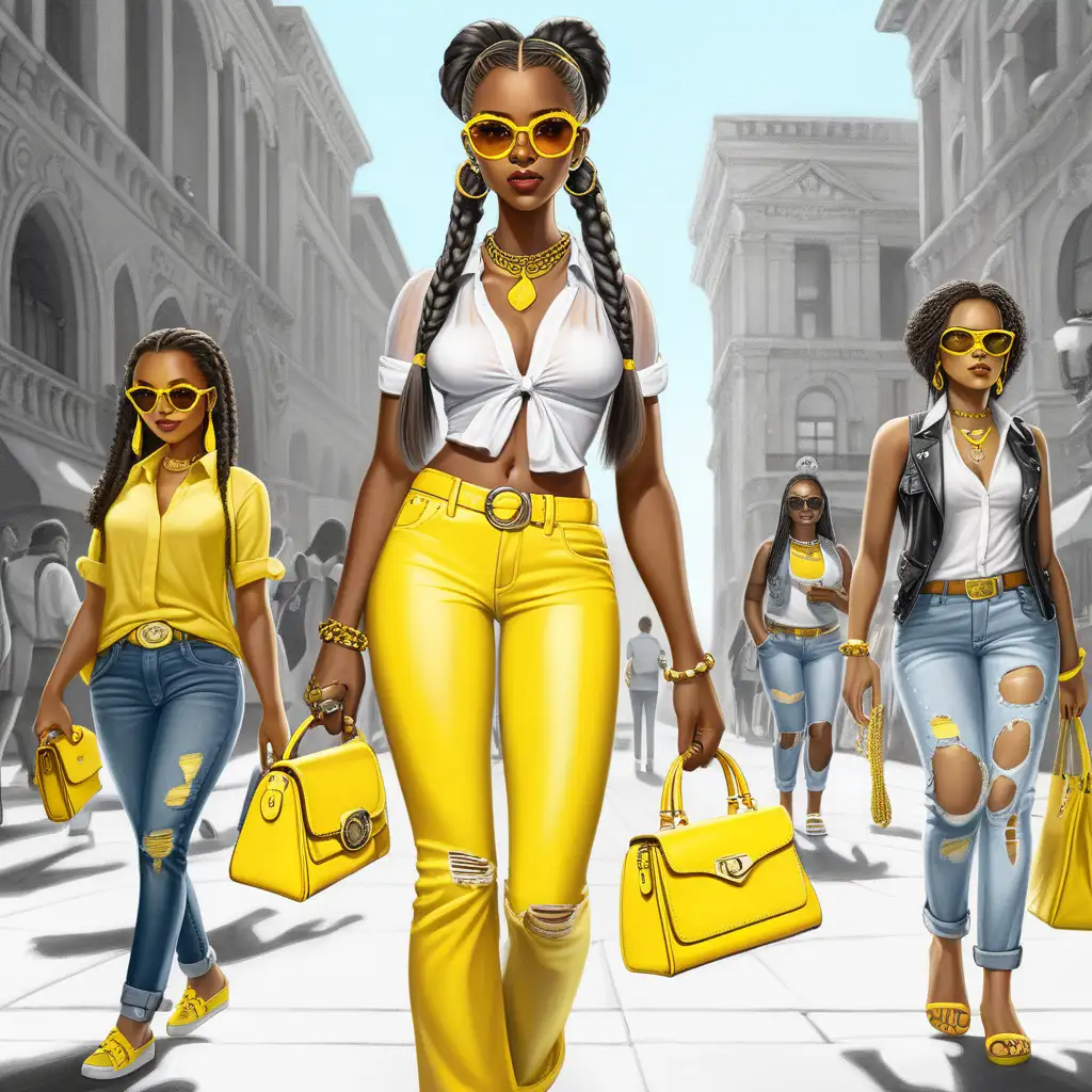 a highly stylized, cartoon-like character with a modern and fashionable appearance. The character is a dark-skinned woman with long, braided hair adorned with yellow accents. She is wearing yellow cat-eye sunglasses, a sheer white blouse tied at the waist, and distressed yellow jeans that fit snugly and accentuate her curves. She accessorizes with a yellow necklace, yellow and white hoop earrings, and carries a yellow handbag. Her footwear consists of white high-heeled sandals. The background is in grayscale, making the main character stand out vividly. It shows several other similarly styled women walking in the background, but they are less detailed and appear more as silhouettes, emphasizing the central figure. The overall aesthetic is chic and trendy, with a strong sense of confidence and style.