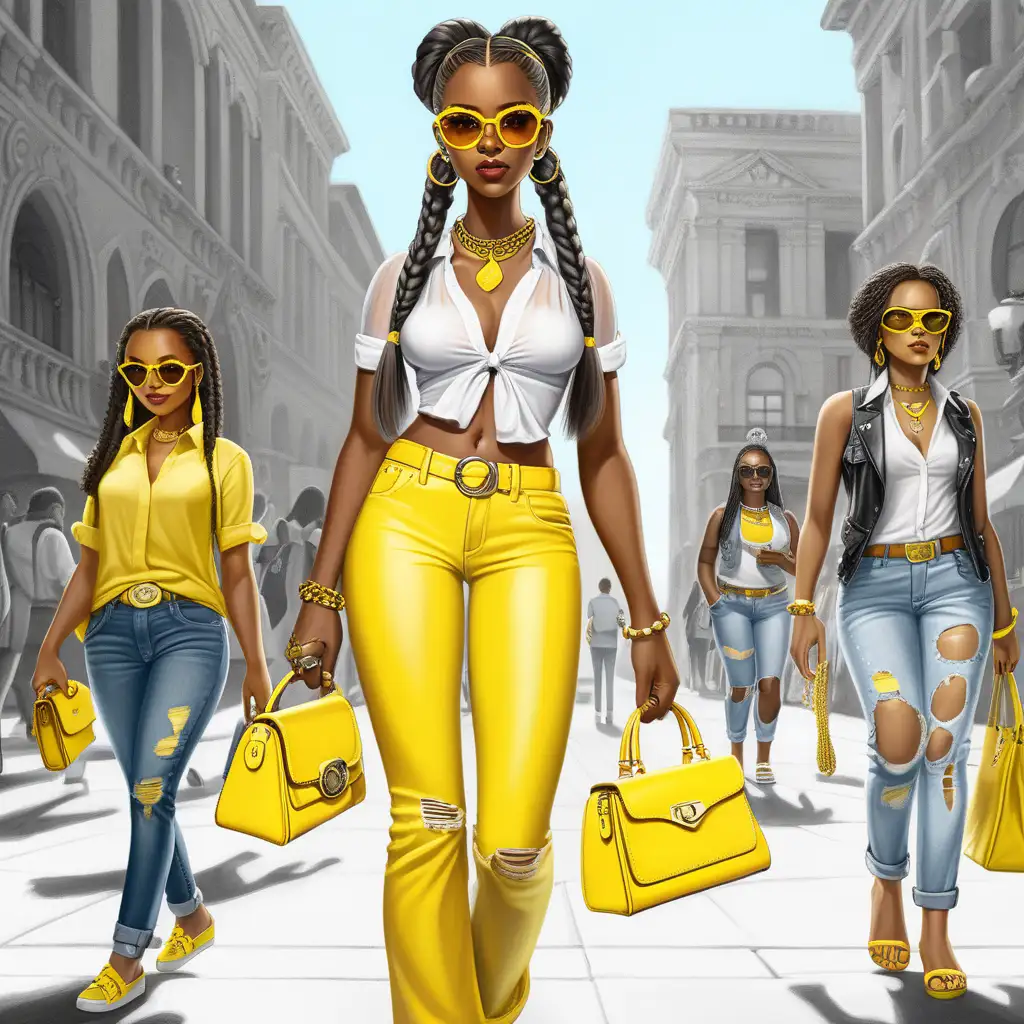 a highly stylized, cartoon-like character with a modern and fashionable appearance. The character is a dark-skinned woman with long, braided hair adorned with yellow accents. She is wearing yellow cat-eye sunglasses, a sheer white blouse tied at the waist, and distressed yellow jeans that fit snugly and accentuate her curves. She accessorizes with a yellow necklace, yellow and white hoop earrings, and carries a yellow handbag. Her footwear consists of white high-heeled sandals.

The background is in grayscale, making the main character stand out vividly. It shows several other similarly styled women walking in the background, but they are less detailed and appear more as silhouettes, emphasizing the central figure. The overall aesthetic is chic and trendy, with a strong sense of confidence and style.