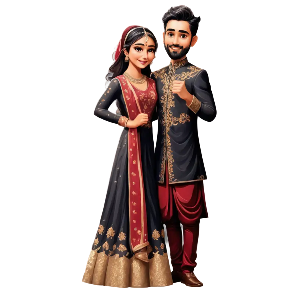sangeet caricature with groom in black  sherwani and bride in maroon western gown