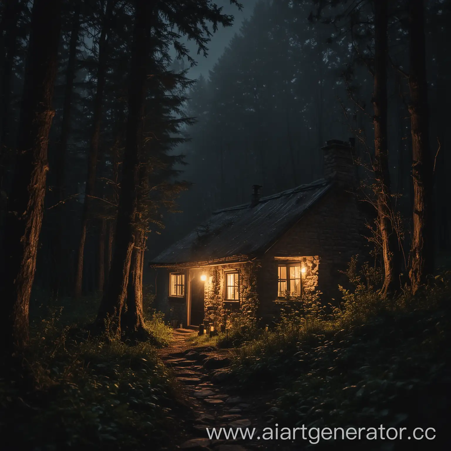 Solitary-Candlelit-Cottage-in-Enchanted-Forest-at-Night