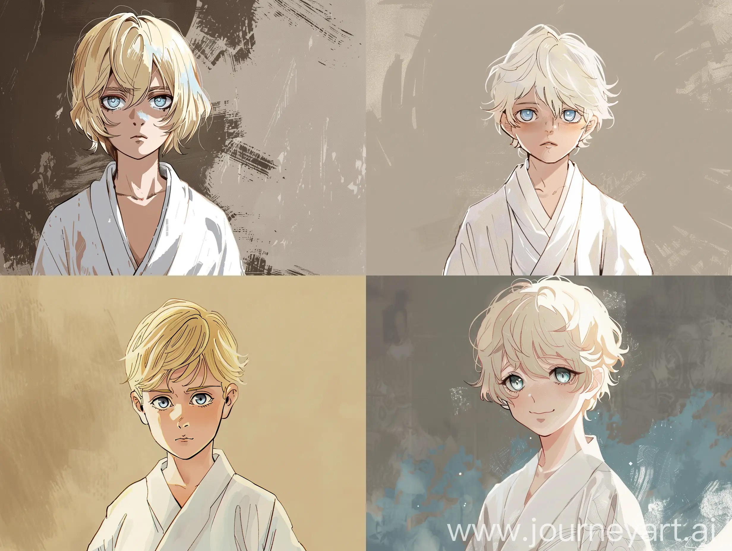Blond-Boy-in-White-Kimono-on-Monotone-Background