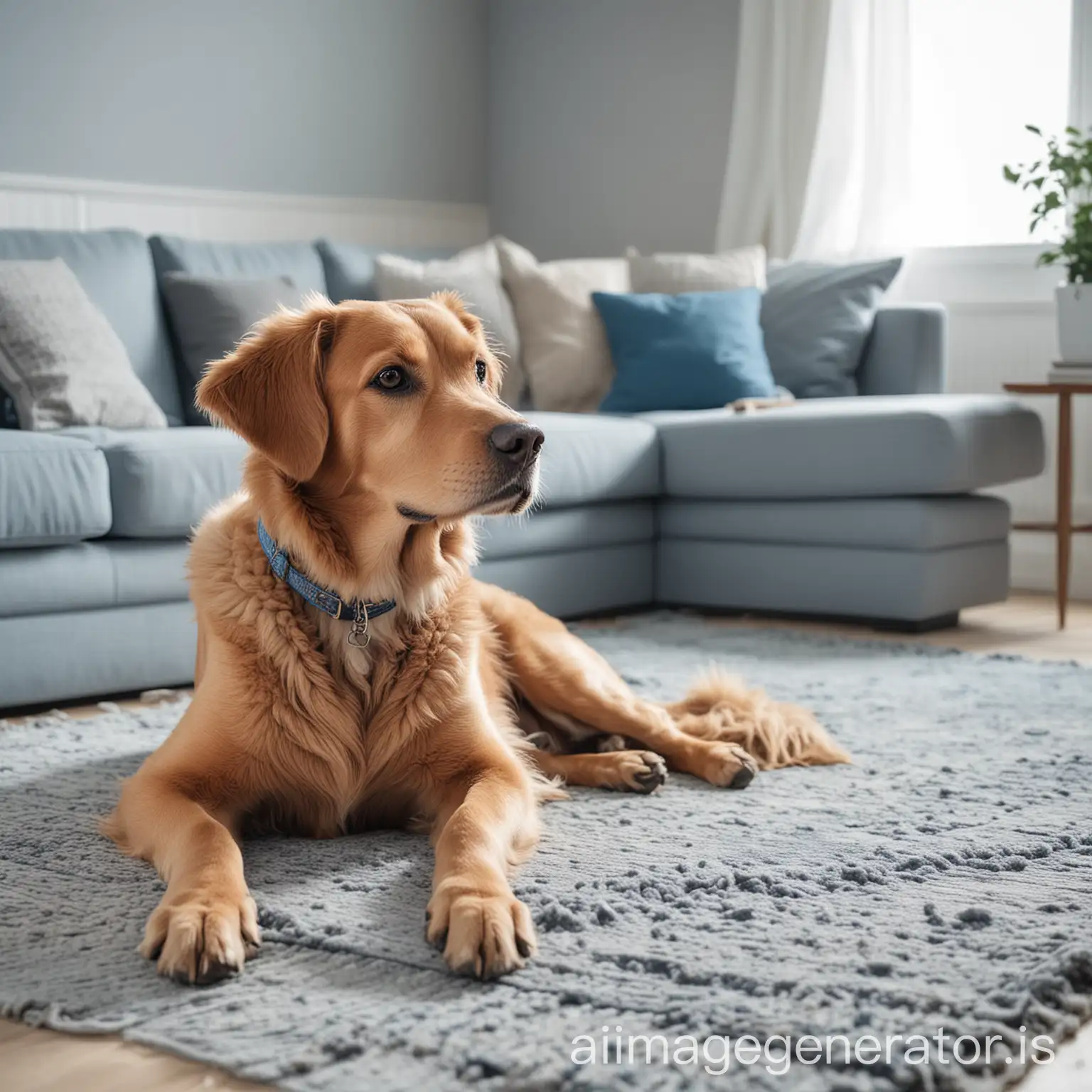 elegant living room, long couch, a large pet dog of light brown color sitting on the ground, blue, gray, white ambient color scheme, close-up full body shot, background blurred