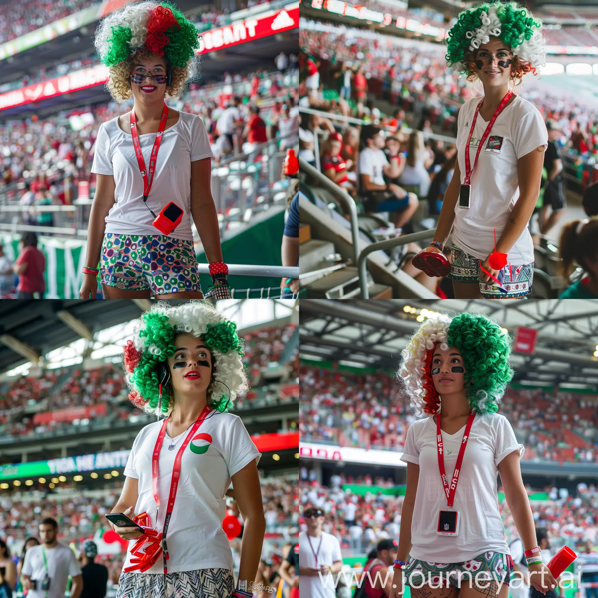 A female football fan wearing a curly wig in three colors: green, white, and red, standing in the stands of a football stadium. The fan is dressed in a white T-shirt and patterned shorts. Around her neck is a red phone lanyard with a phone attached. She is holding a red noise maker in her right hand. The stands are filled with excited spectators, creating a vibrant and lively atmosphere. --ar 4:7

