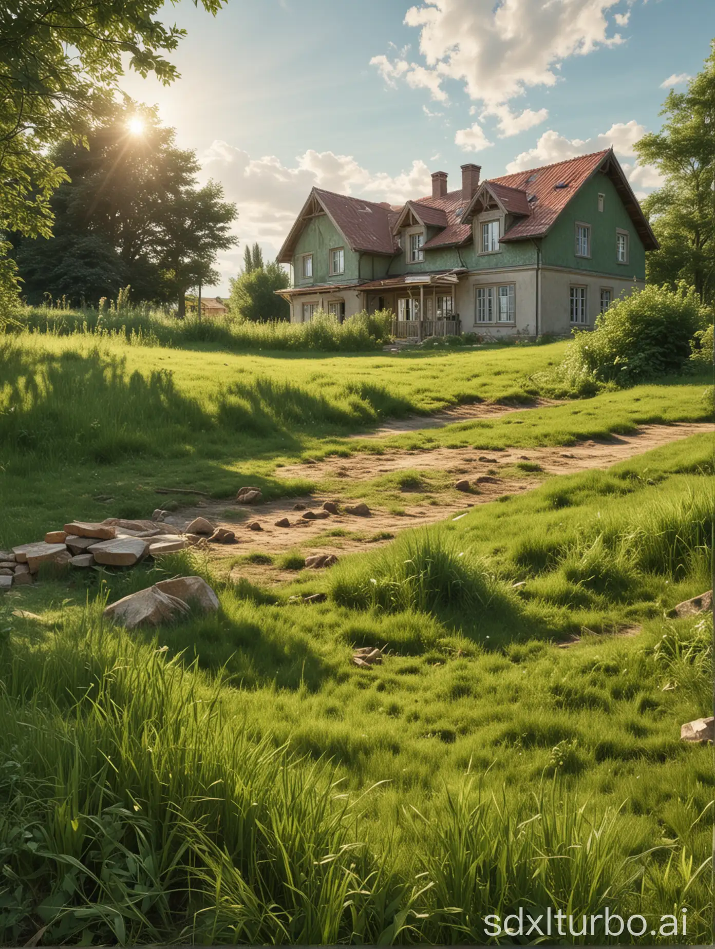 summer, sun, green grass, a country house in the background, another house is being built nearby, realism