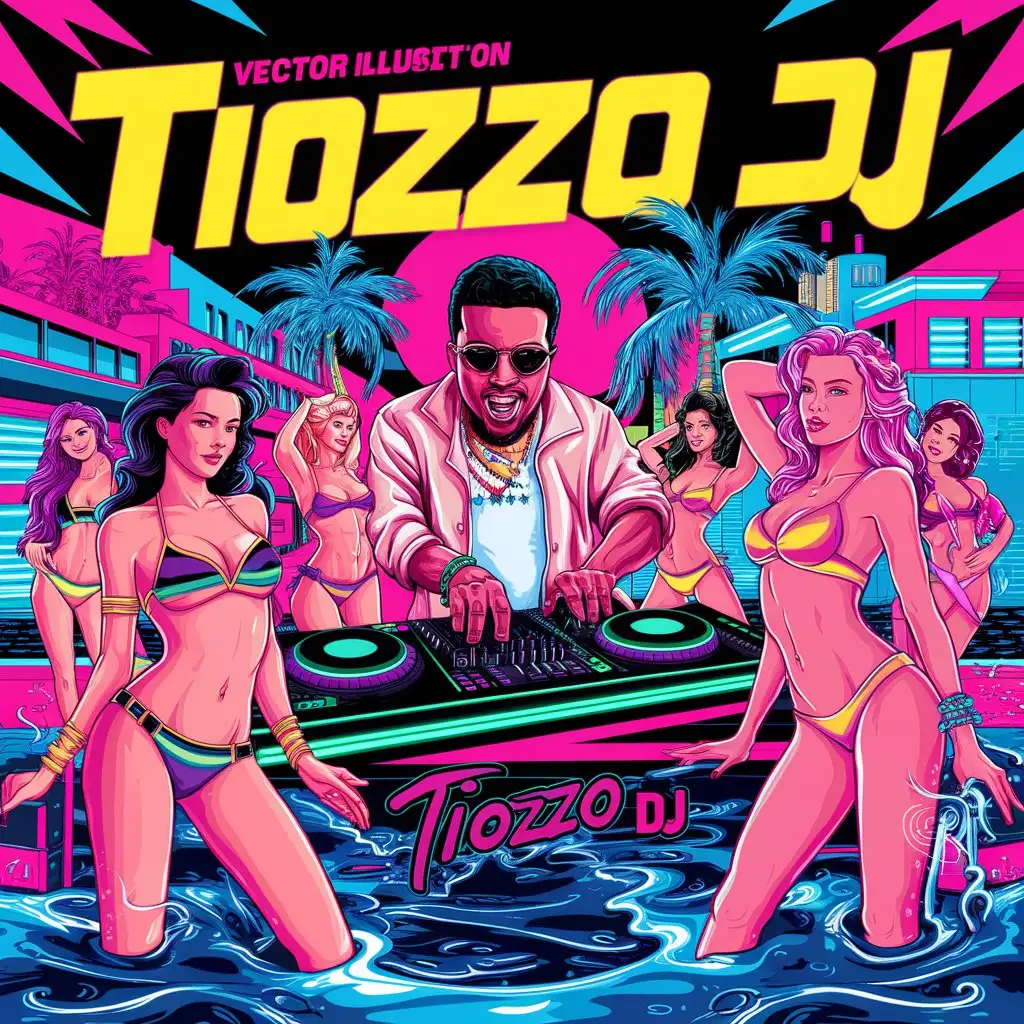 Vector art, 80's retro, bold colors, neon, "Tiozzo DJ", Miami beach-side, DJ playing music, sexy girls in bikini, sexy vibes.