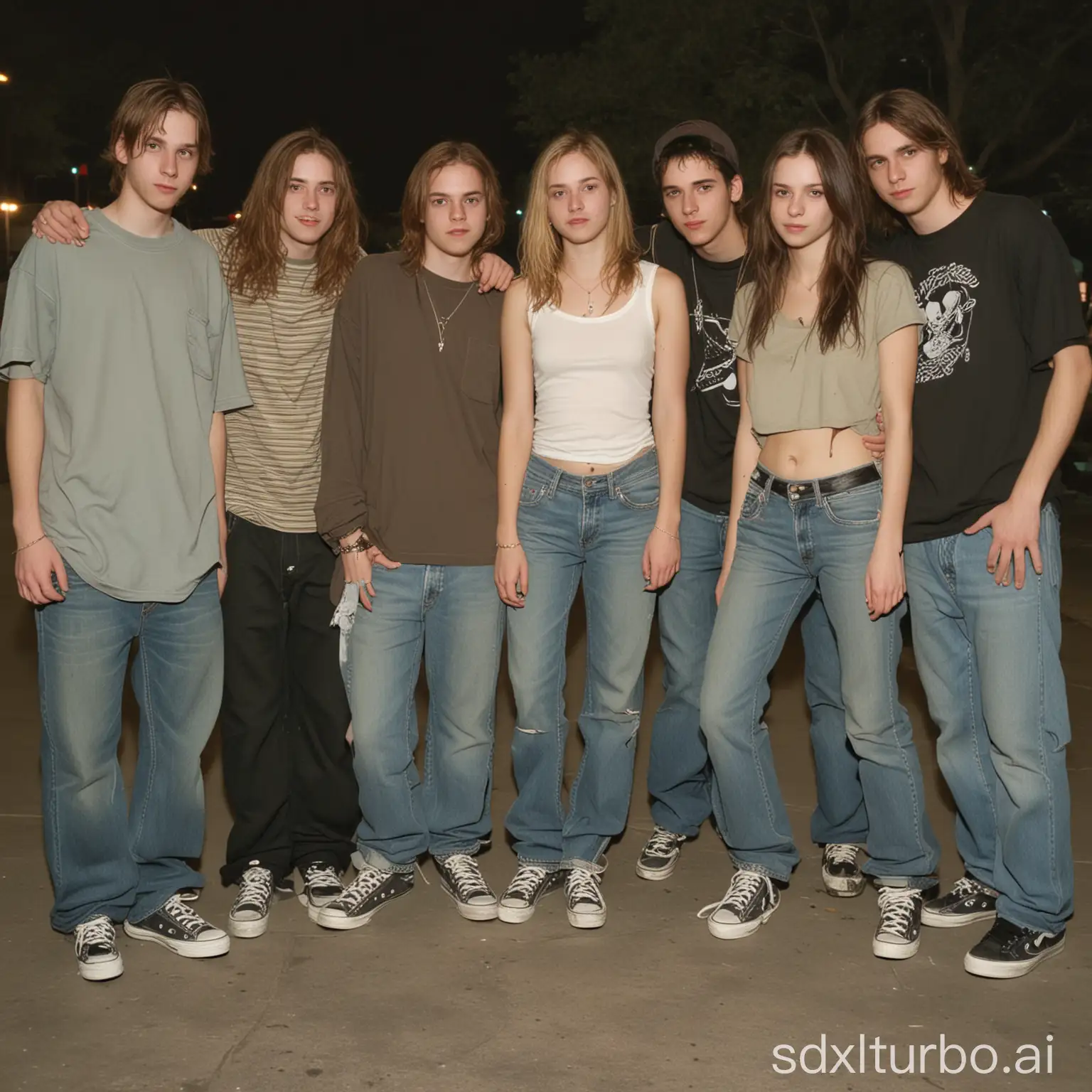2004 grunge casual outfit, full body, young adults in their 20s, candid, photo, muted colors, earthly tones, baggy, skater, standing, jpg, nighttime, group photo