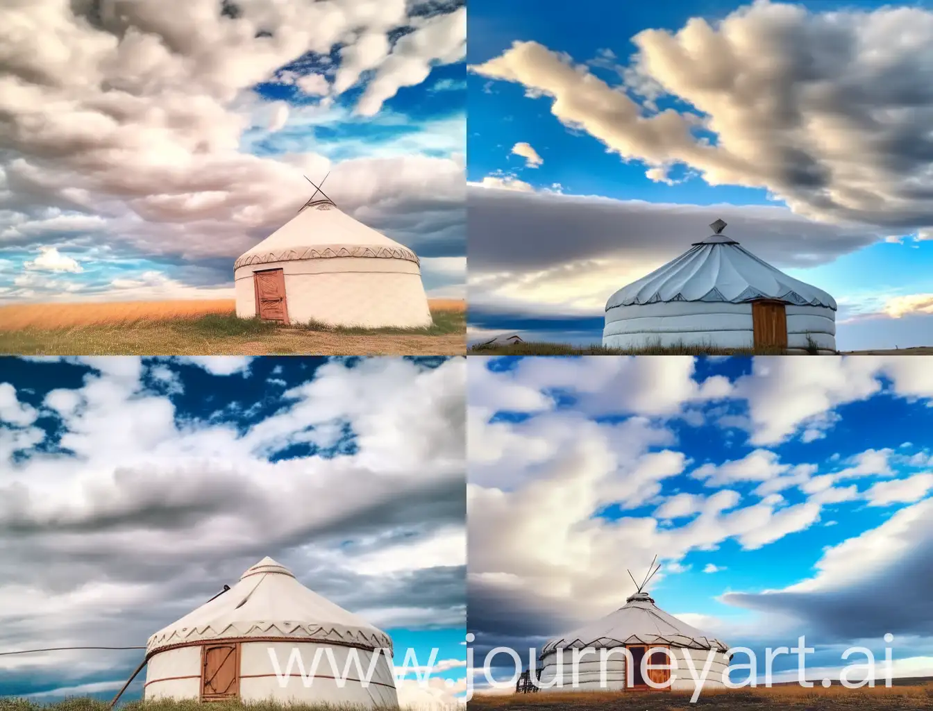 Traditional-Kazakh-Yurt-Amidst-Vast-Steppe-Landscape-with-Spiraling-Clouds