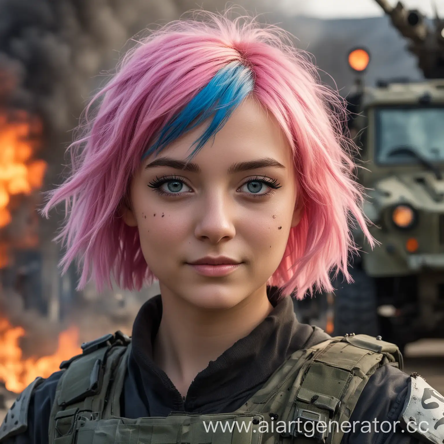 a high quality, professional photo of a girl about 16 years old, with beautiful makeup under the eyes resembling a panda, dressed in special forces armor. The photo should be taken in a short, full-length format, showcasing her unique style. She has a sweetheart expression, emphasizing her youthful charm. A scar near her eye adds depth to her character, hinting at a hidden story.

In the background, a military vehicle is on fire, adding a sense of urgency and drama to the scene. Despite the chaos, the girl is smiling confidently into the frame, embodying resilience and strength. Her pink-blue hair is styled in a trendy wavy bob, adding a touch of modernity to the overall look.