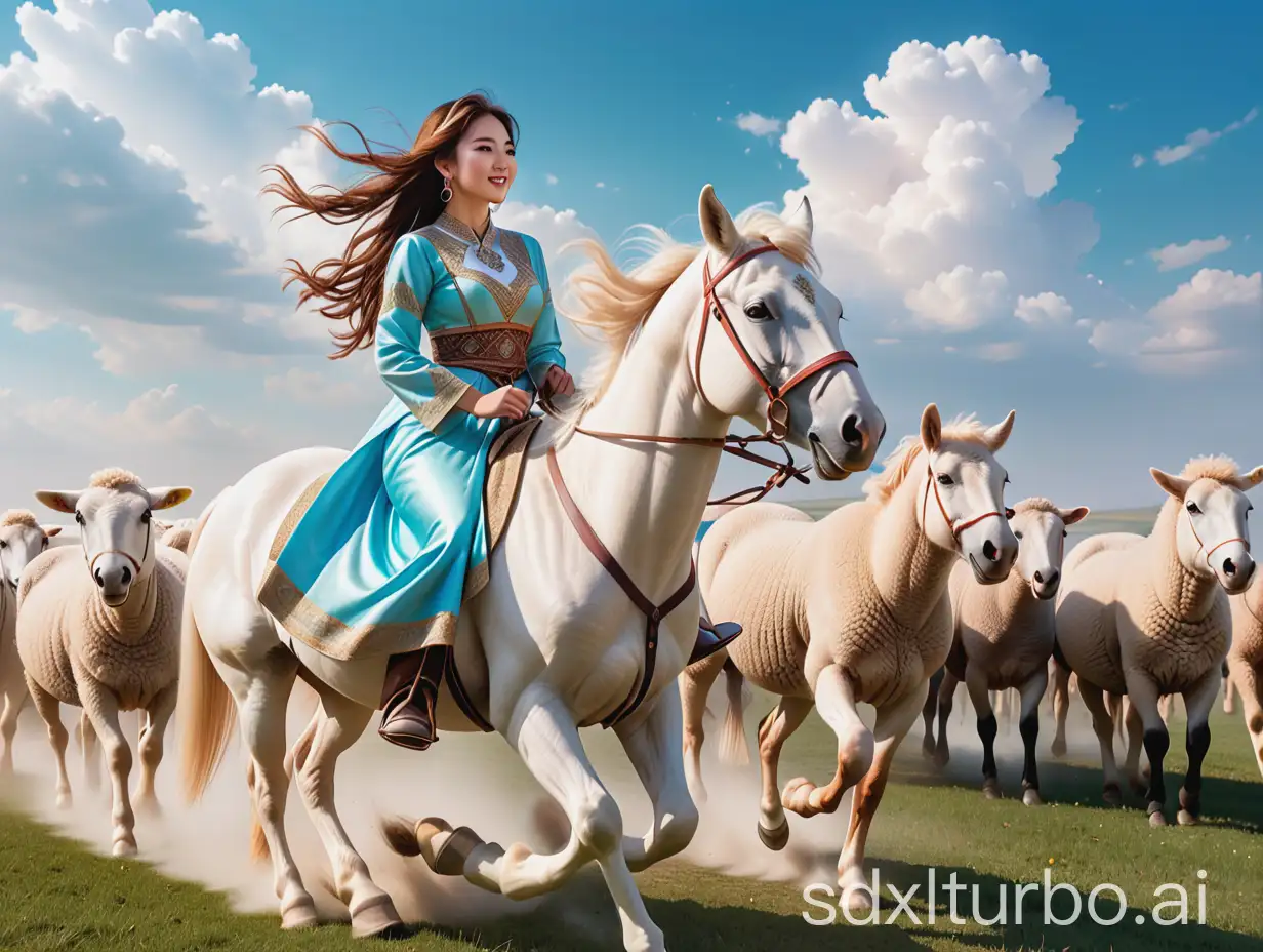 (masterpiece, best quality, ultra high res, photorealistic, realistic, raw photo, real person, photograph), the Tyndall effect,(amazing, finely detail, an extremely delicate and beautiful,concept art), Dindar light,intricate detail, professional, Wearing Kazakh ethnic costumes,Kazakh style headwear, Kazakh girls, riding a white horse, is galloping on the grassland, raising a cloud of dust and flocks of sheep and shepherds on the grassland, big chest, big butt, (modern fashion background), studio, luxury, gorgeous, JoJo pose, rings, earrings, necklace, bangle, closed smile, low shutter, most beautiful artwork in the world, aesthetics, atmosphere, dynamic angle, blue sky