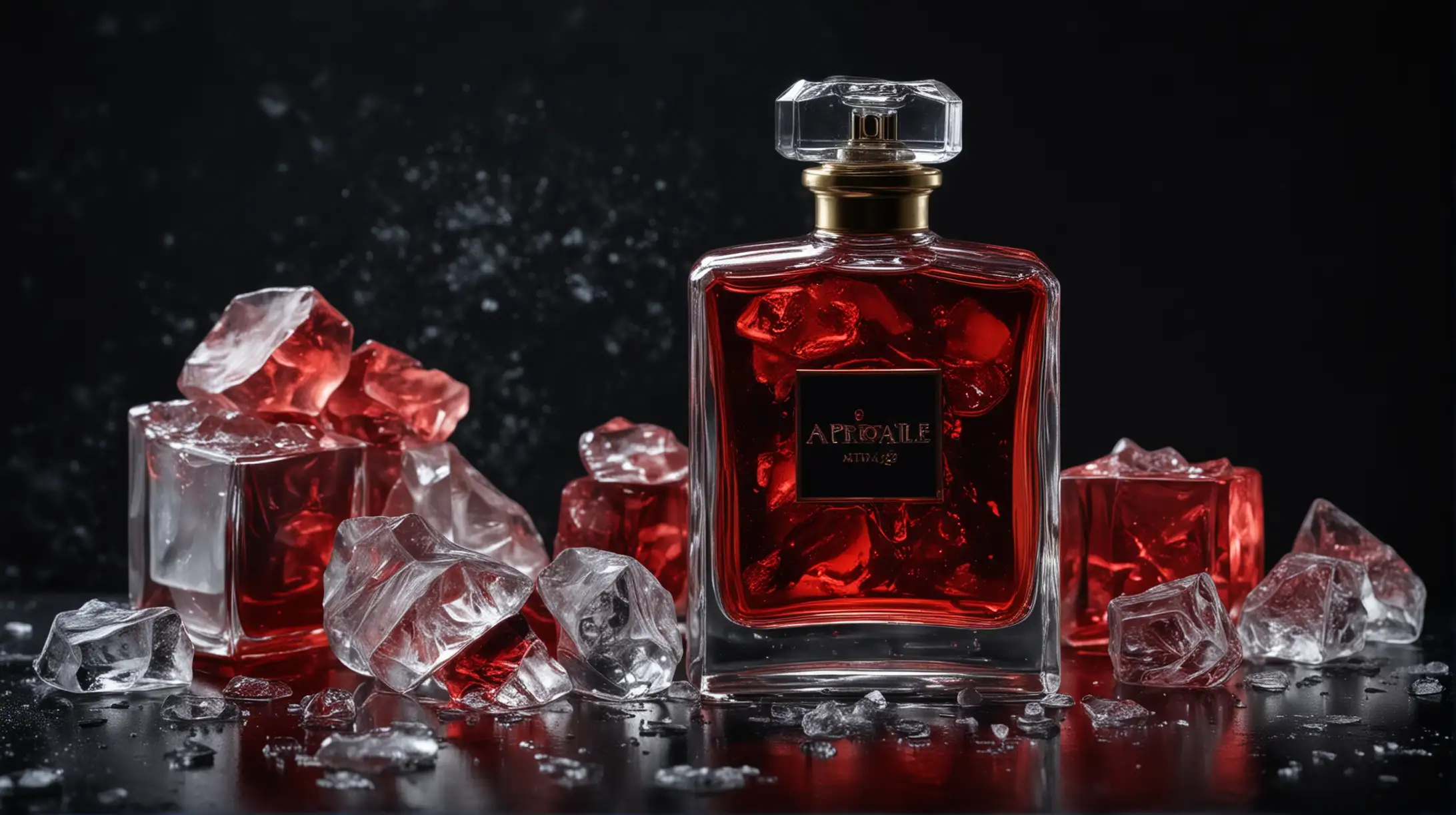 still life picture of full perfume bottle and some clear ice objects, dark image, fluid in the botthe is red