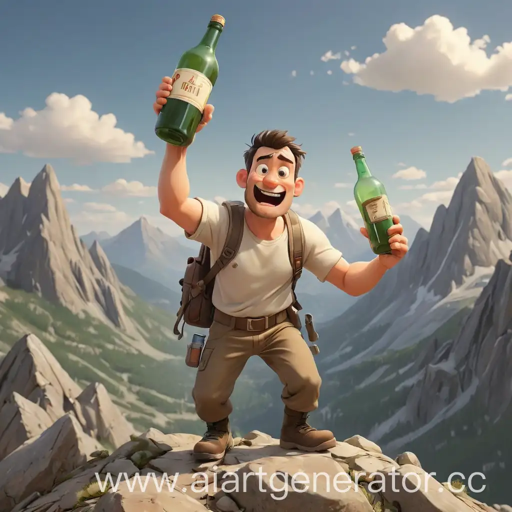 The cartoon man conquered the mountain and holds a bottle in his hands