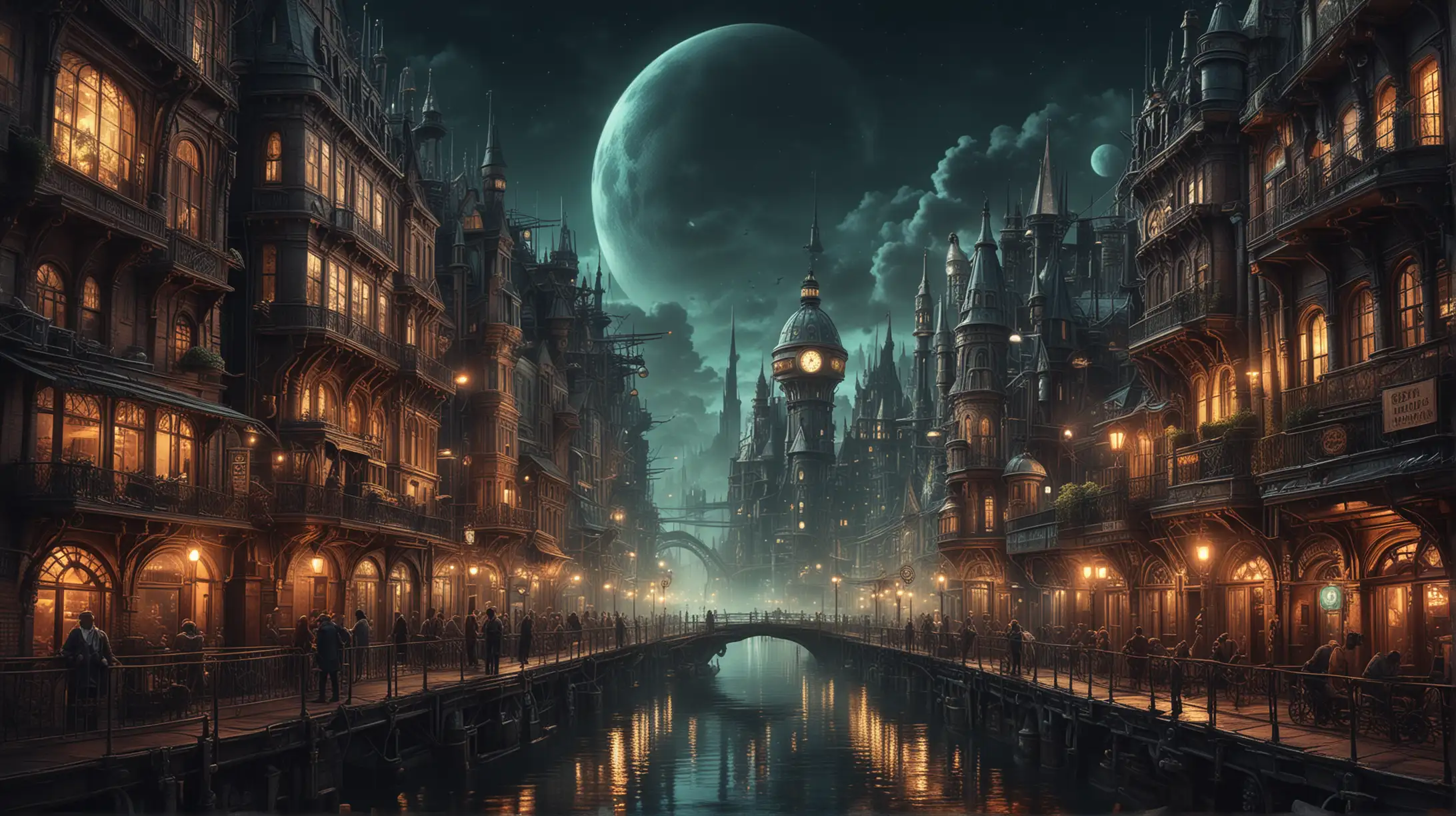 Steampunk City Nightscape Vibrant Psychedelic Vision