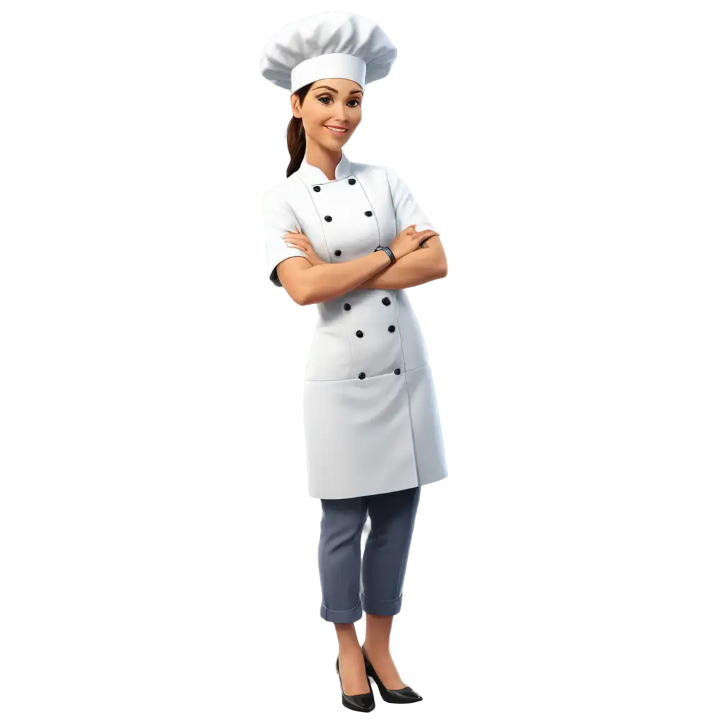 chef woman boss in white coat, isolated on white background, blue accents, funny illustration