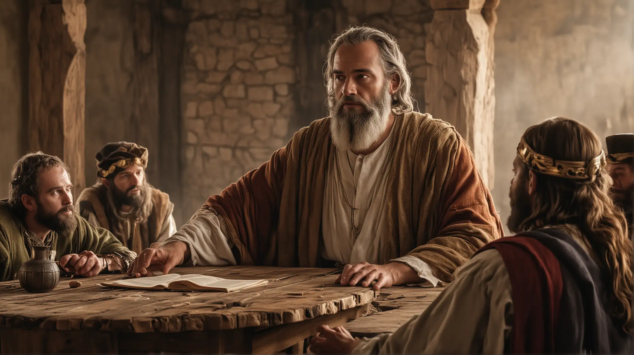 Biblical King at Wooden Table Conversing with Subjects