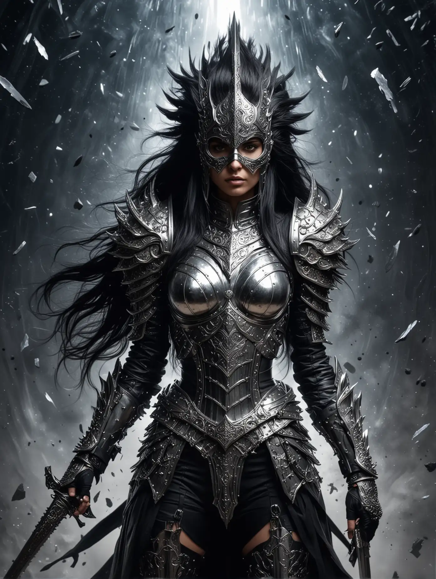 Powerful-Woman-Warrior-in-Voluminous-Silver-Armor-Confronts-Black-Hole