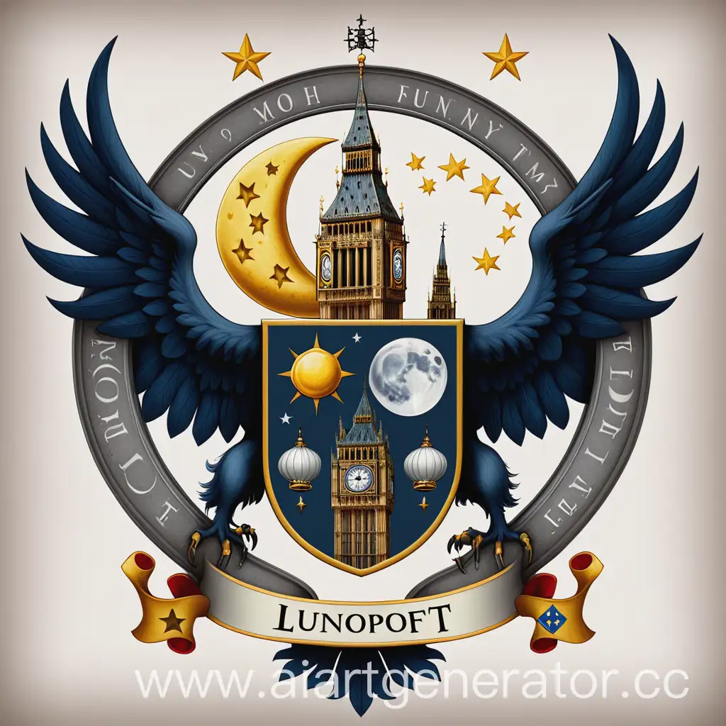 The coat of arms of the "Lunopopoff" family with moon and Big Ben on the sides