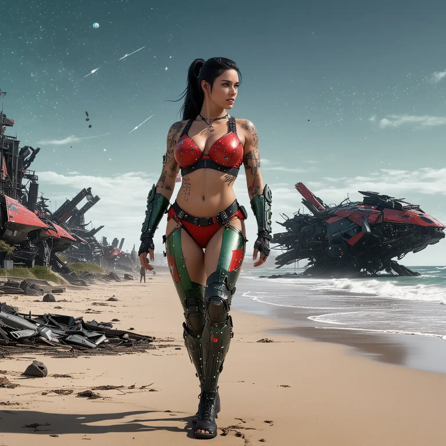 athletic adult female with large breasts, black hair in ponytail, black red and green clothing, wearing high tech futuristic armor bikini, tattoos of constellations, walking on a beach, looking towards the sky, military installation in background, high tech futuristic wreckage scattered on ground.