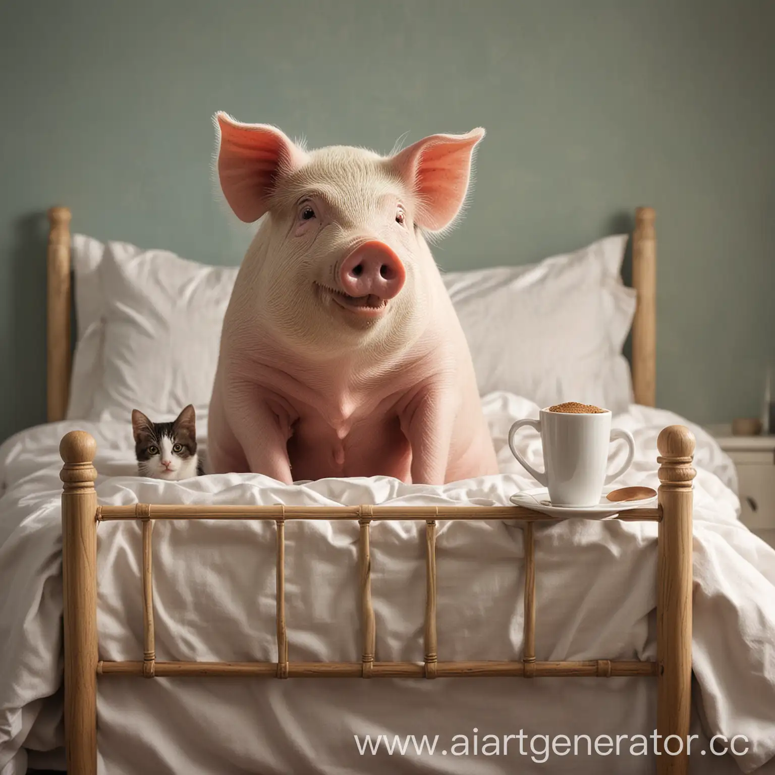 свинка приносит кофе в кровать двум кошкам