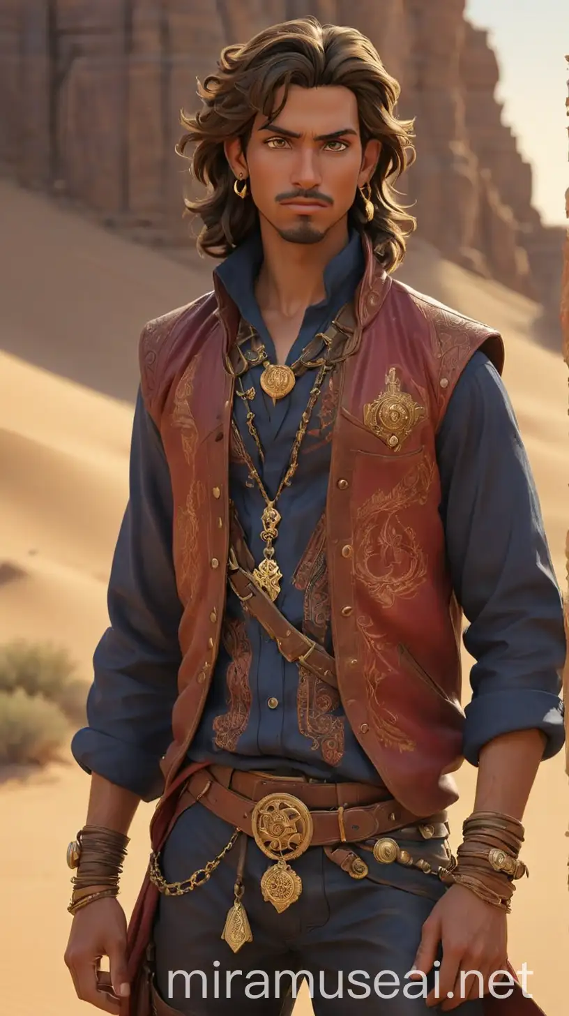 Meet Javyon, the enigmatic son of Jafar, embodying the fusion of Arabian Nights mystique and contemporary rebellion. With piercing amber eyes that mirror the desert's golden sands, his skin bears the bronzed glow of a nomadic adventurer. His dark, tousled hair cascades in waves, framing a face etched with determination and cunning. Javyon's attire is a blend of dark Y2K fashion and traditional Arabian garb, exuding an air of urban sophistication and desert resilience. He dons a fitted leather jacket adorned with intricate crimson embroidery, reminiscent of the fiery sunsets over Agrabah. Beneath, a honey-yellow silk shirt billows loosely, reflecting the hues of desert dunes at dawn. His lower half is swathed in rugged leather pants, tucked into knee-high boots adorned with ornate gold buckles. Around his waist, a sash of navy blue silk cinches the ensemble together, adorned with antique charms and trinkets collected on his travels. Javyon's accessories are a testament to his nomadic spirit and streetwise cunning. A leather bandolier slung across his chest holds an array of tools and treasures, while a golden hoop earring glints subtly in the desert sun. His fingers are adorned with ornate rings, each with its own story and significance. In every step and gesture, Javyon embodies the essence of his lineage while carving his own path through the shifting sands of destiny. With a smirk that hints at hidden agendas and a gaze that sees through veils of illusion, he stands as a symbol of defiance against fate and tradition, ready to write his own legend in the annals of Arabian Nights. 