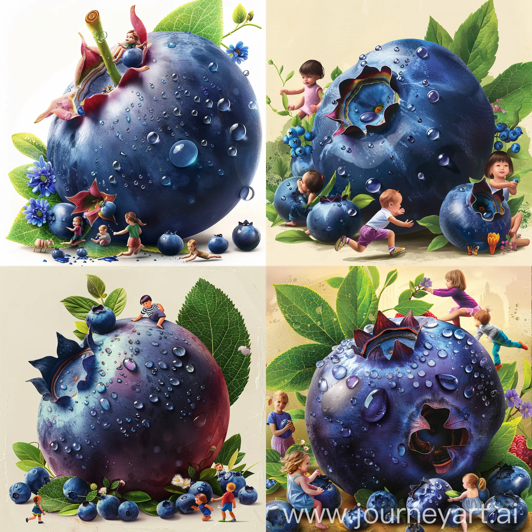 An oversized blueberry fruit, presented vividly and full, with some dewdrops on the fruit, around this blueberry, some children playing, using blueberry leaves and flowers as decorations, warm and vivid colors, the design style is both modern and childlike