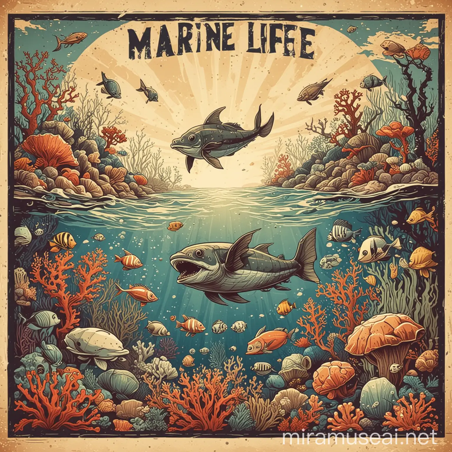 a vintage style cartoon poster with several marine life 