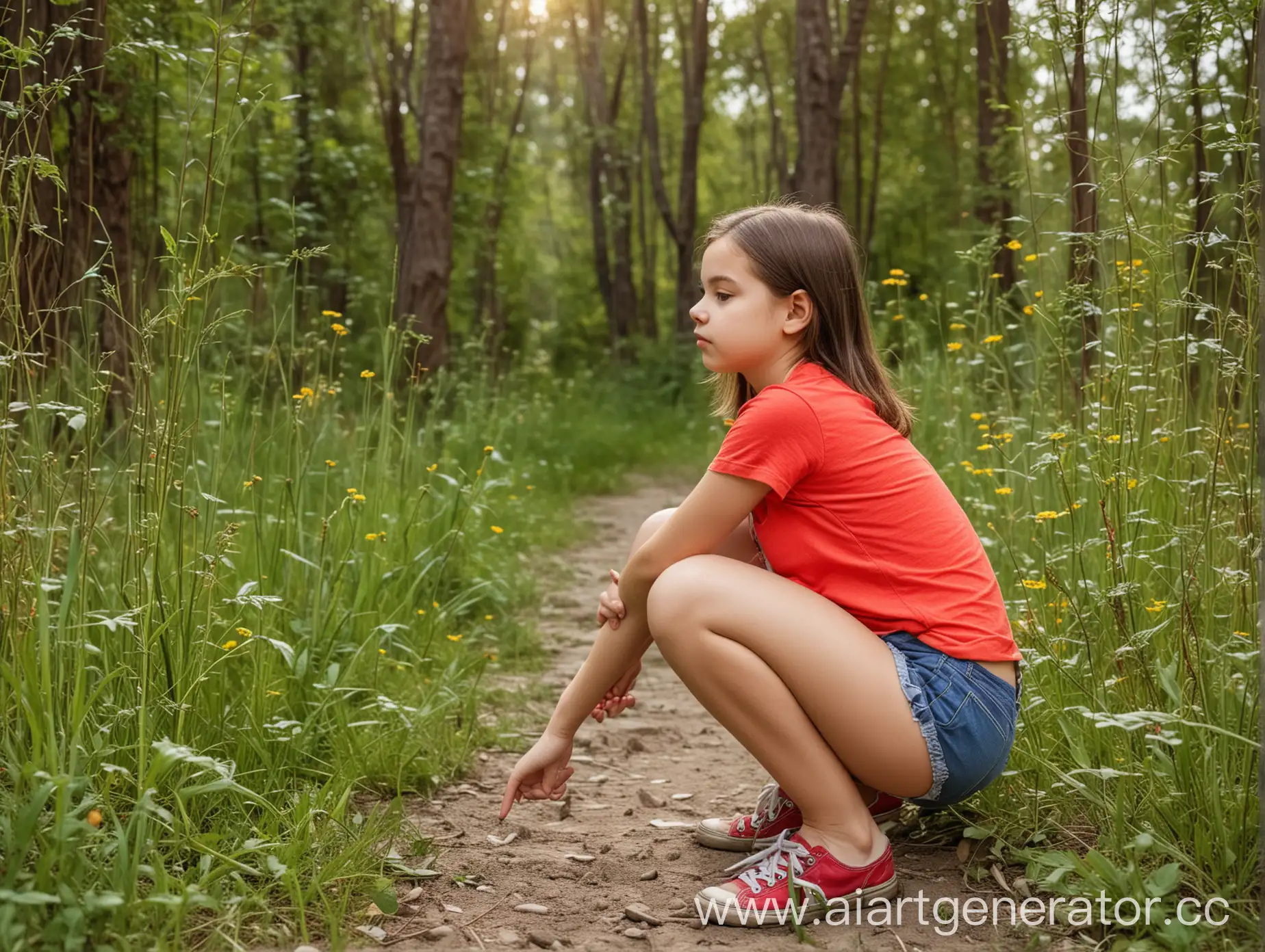 A slightly plump twelve years old girl, dressed in red denim shorts wand yellow t-shirt, squatting on the nature. Back view 