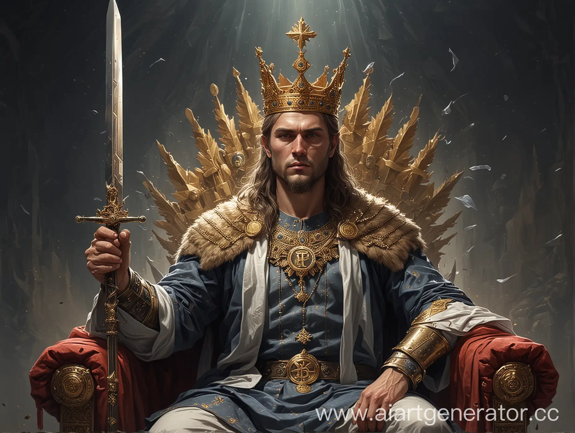 Stas-Gavrishchuk-Sitting-on-Bitcoin-Crown-Throne-with-Sword-and-Flying-Cryptocurrency