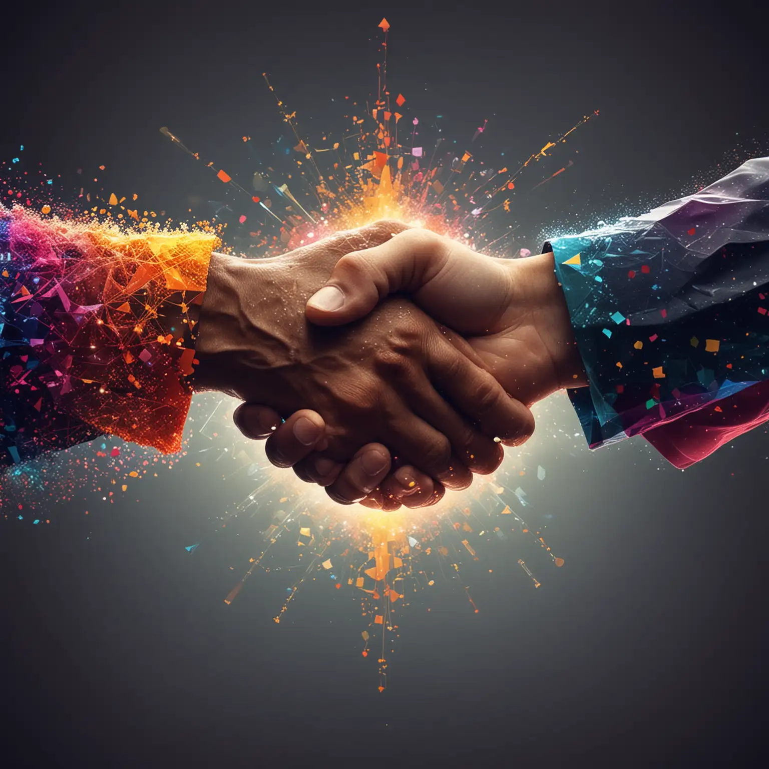 image of a handshake made out of dynamic, colorful particles or geometric shapes, symbolizing strong partnerships and quality.