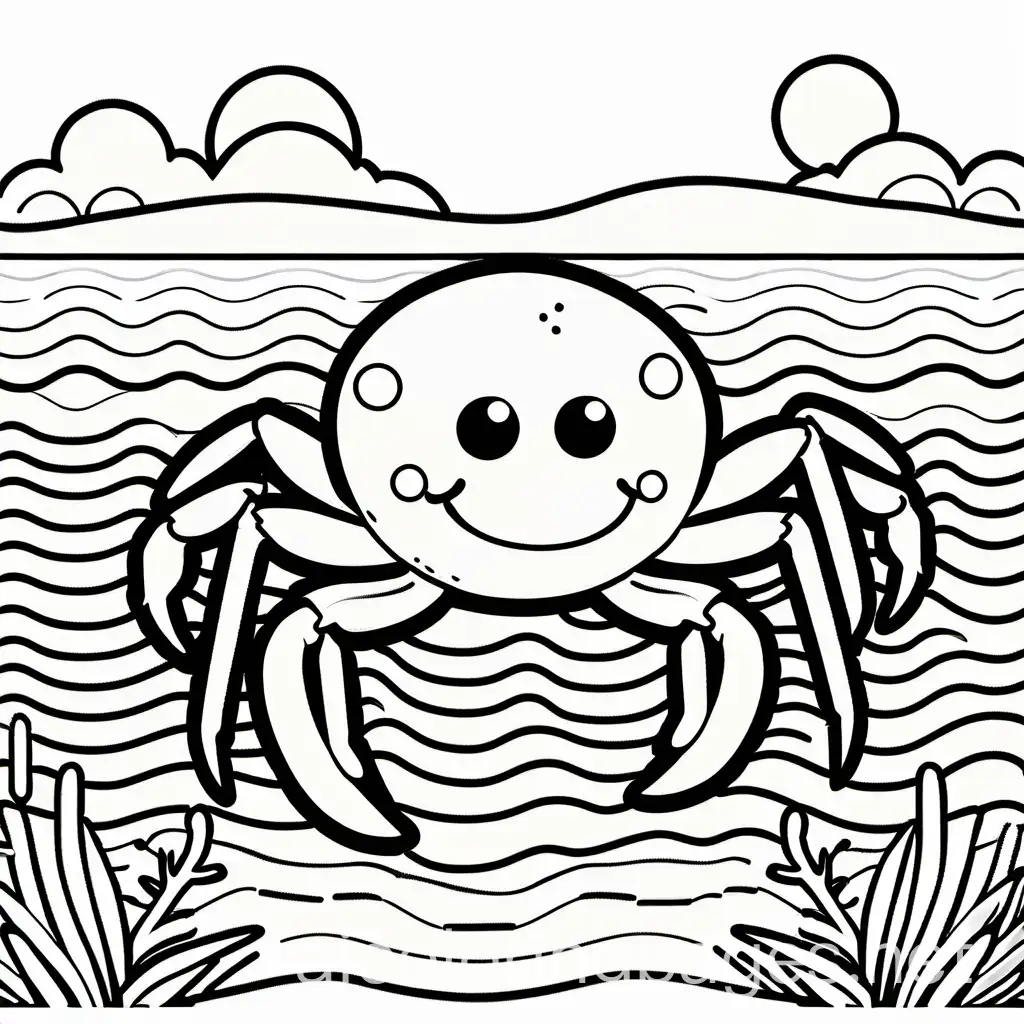 cute crab ,coloring page, infant, thick lines, no shading, ample white space, cartoon style, coloring page, black and white, line art, white background, Simplicity, Ample White Space. The background of the coloring page is plain white to make it easy for young children to color within the lines. The outlines of all the subjects are easy to distinguish, making it simple for kids to color without too much difficulty