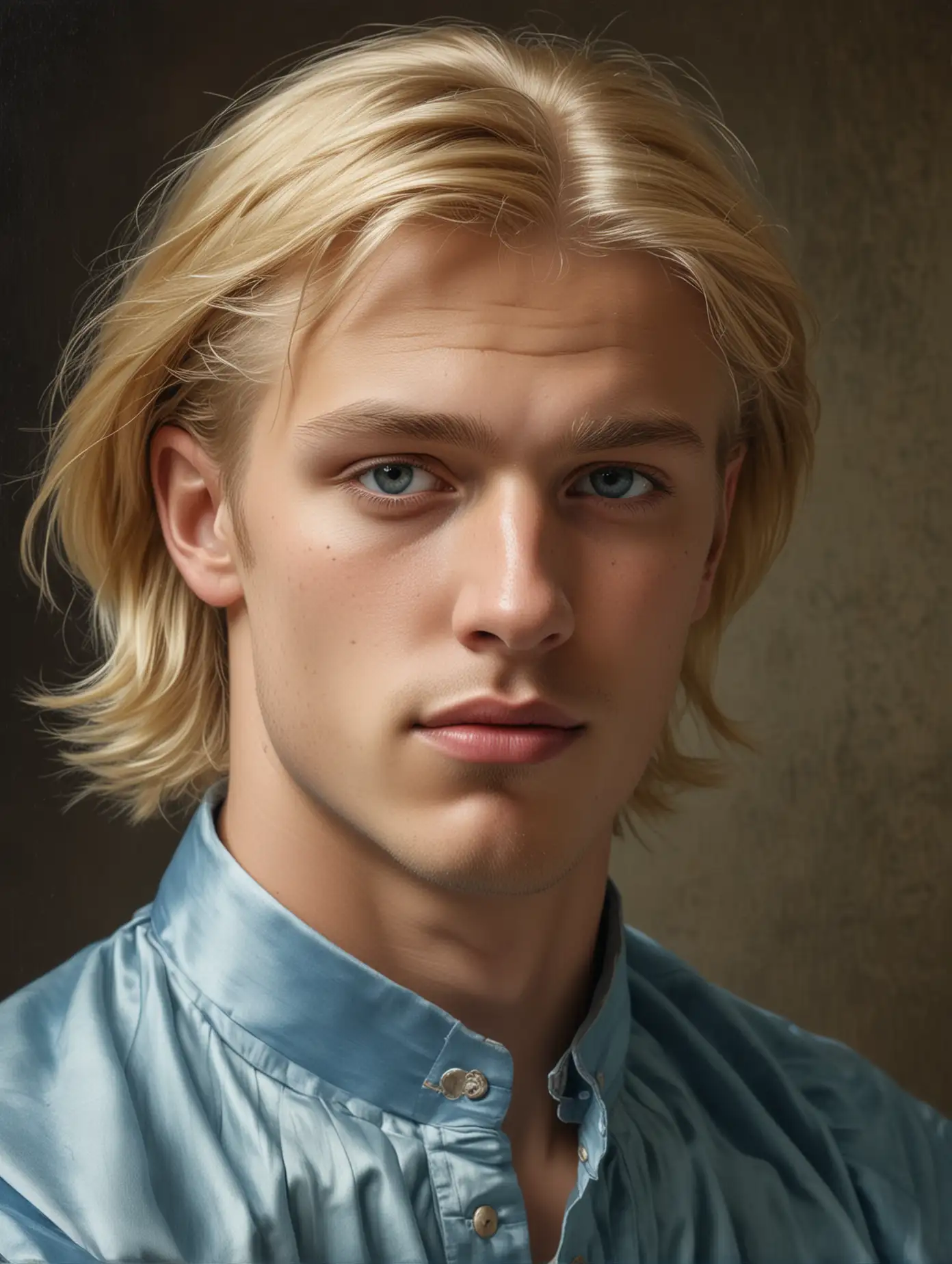 i am an fine artist. make me a close up portrait of a joung  handsome Swedish man with blond hair and a light blue blouse in Vermeer style
