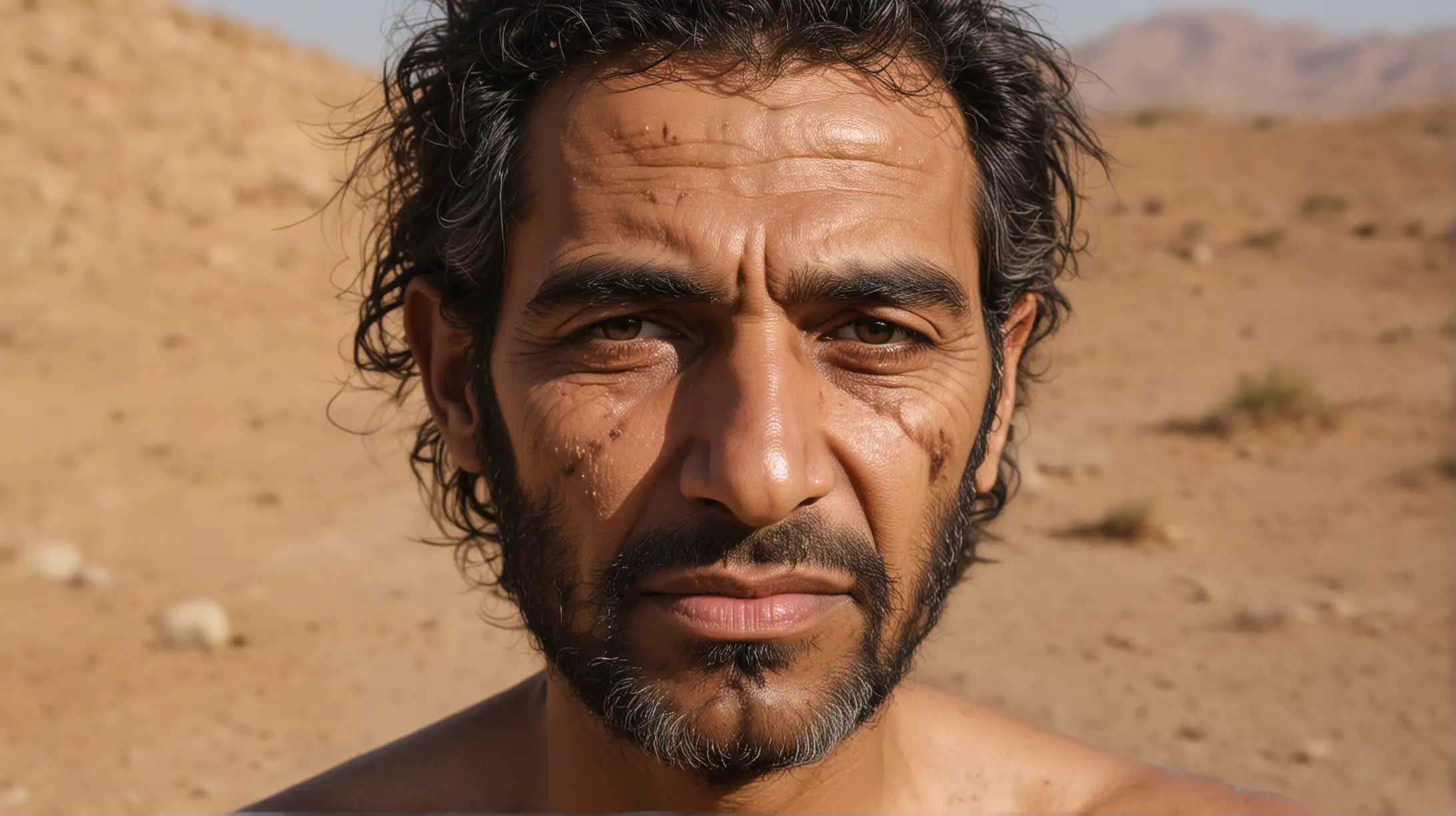 A close up of a 50 year old Middle Eastern man who has skin problems, rashes, leprocy, boils, in a desert location, Set during the era of the Biblical Moses.