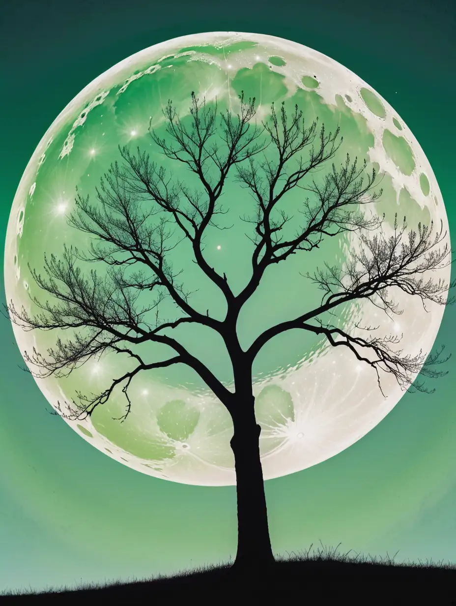 a silhouette of a leafless tree against a backdrop featuring a large, pale circle—possibly the moon or sun—set on a textured background with varying shades of light green.