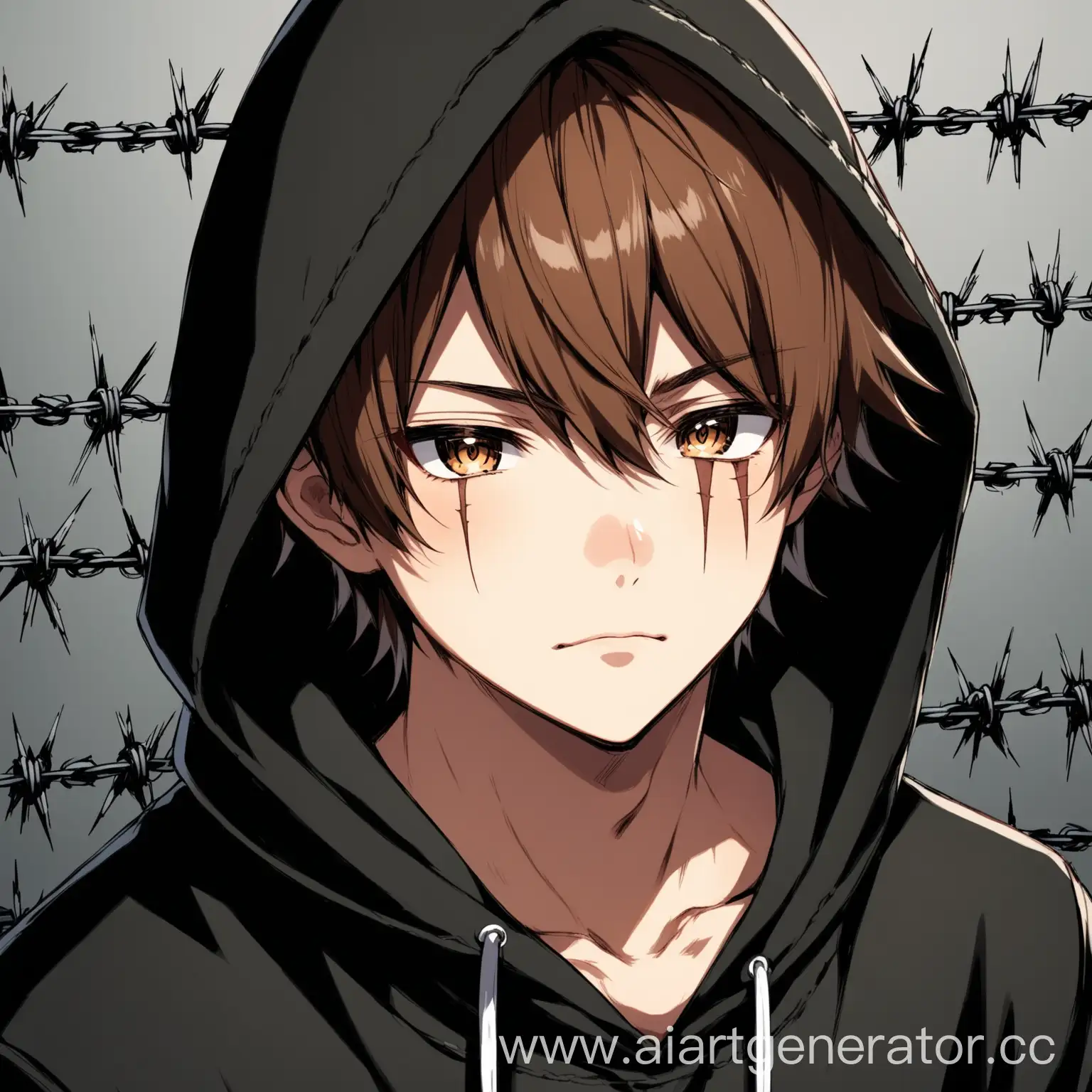 Anime-Boy-with-Brown-Hair-in-Black-Hoodie-and-Scar-Looking-at-Camera