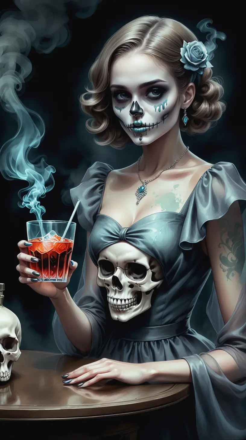 Subject: The central focus of the image is a beautiful and elegant girl holds out a poisoned drink. a skull is formed from smoke above the drink. Background: dark background painted in watercolor Style/Coloring: Colors adds depth and richness to the scene. Textures and shadows make the picture more detailed. JoJo reference.