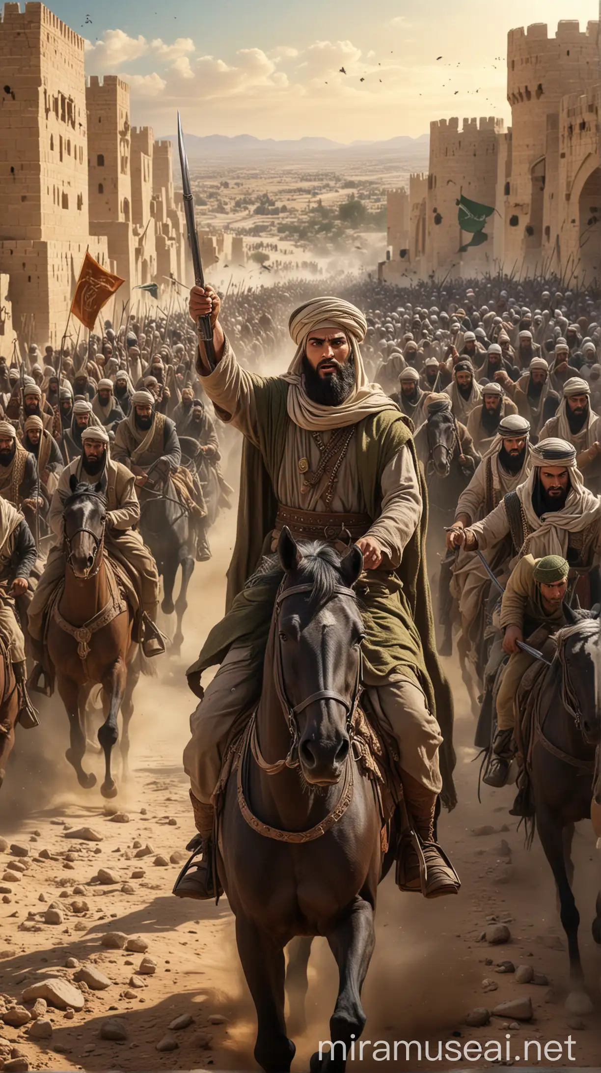 Caliph Umar's Triumph: An image depicting Caliph Umar ibn al-Khattab leading his Muslim army towards the gates of Jerusalem, with determination in his eyes and his soldiers following behind him.
 islamic tradition and HD and 4K image generate