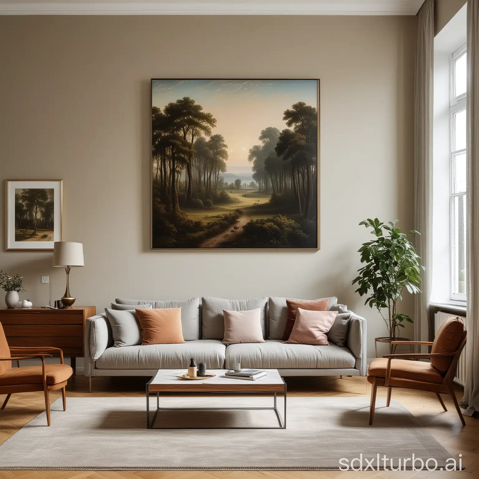 cosy elegant modern berlin apartment livingroom, modern design furniture,  painting by Caspar David Friedrich on the wall