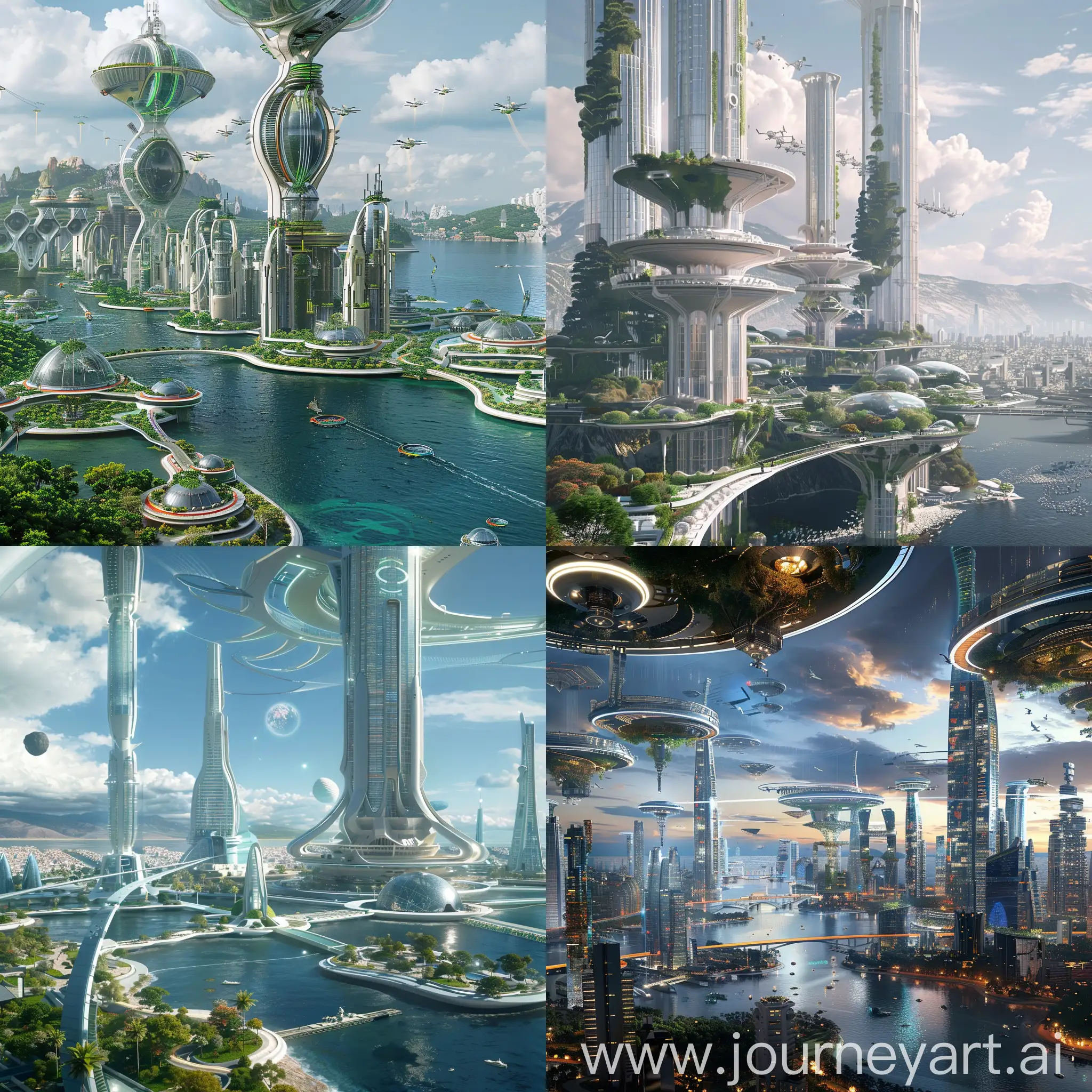 Sci-Fi Vladivostok, Quantum Core Reactors, Atmospheric Purifiers, Hyperloop Transit Systems, AI-Managed Vertical Farms, Nano-structured Buildings, Augmented Reality Interfaces, Subterranean Aquatic Systems, Waste Recycling Converters, Climate Control Domes, Holographic Data Archives, Dynamic Skinscrapers, Floating Energy Platforms, Drone Traffic Networks, Eco-Bridges, Interactive Public Art, Sea Gates, Space Elevator, Urban Greenways, Holographic Billboards, Robotic Maintenance Swarms, In Unreal Engine 5 Style --stylize 1000