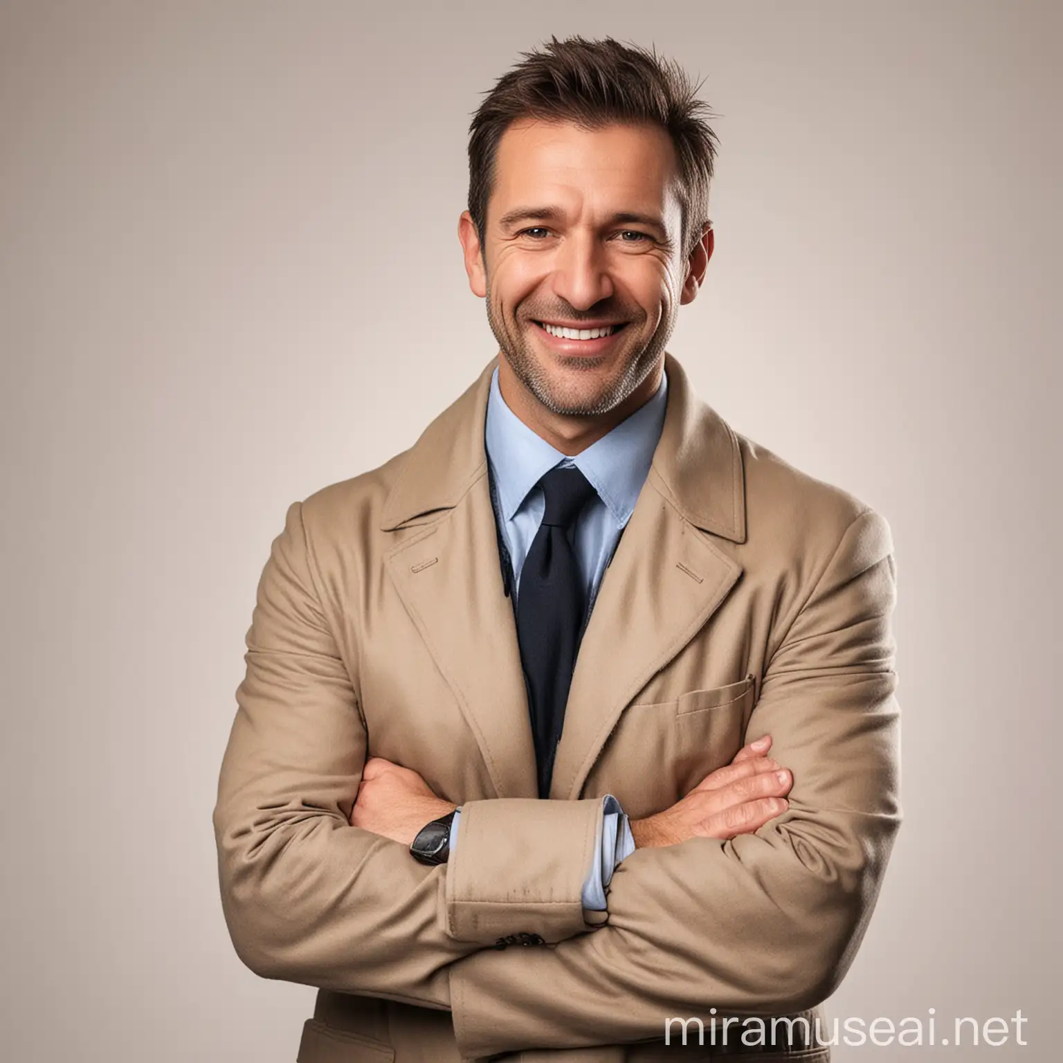 Confident caucasian 40 year old business man in in coats pent clothes with arms crossed looking at camera with toothy smile isolated in white background