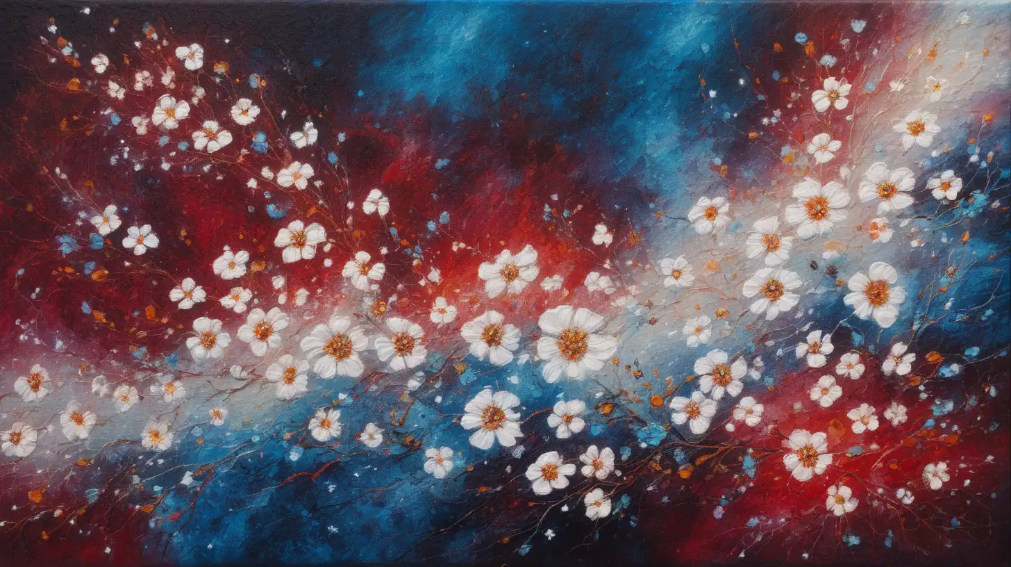 textured oil painting of abstract art of florescent colors red  and dark-blues  and whites in with luminescent small flowers among galaxies