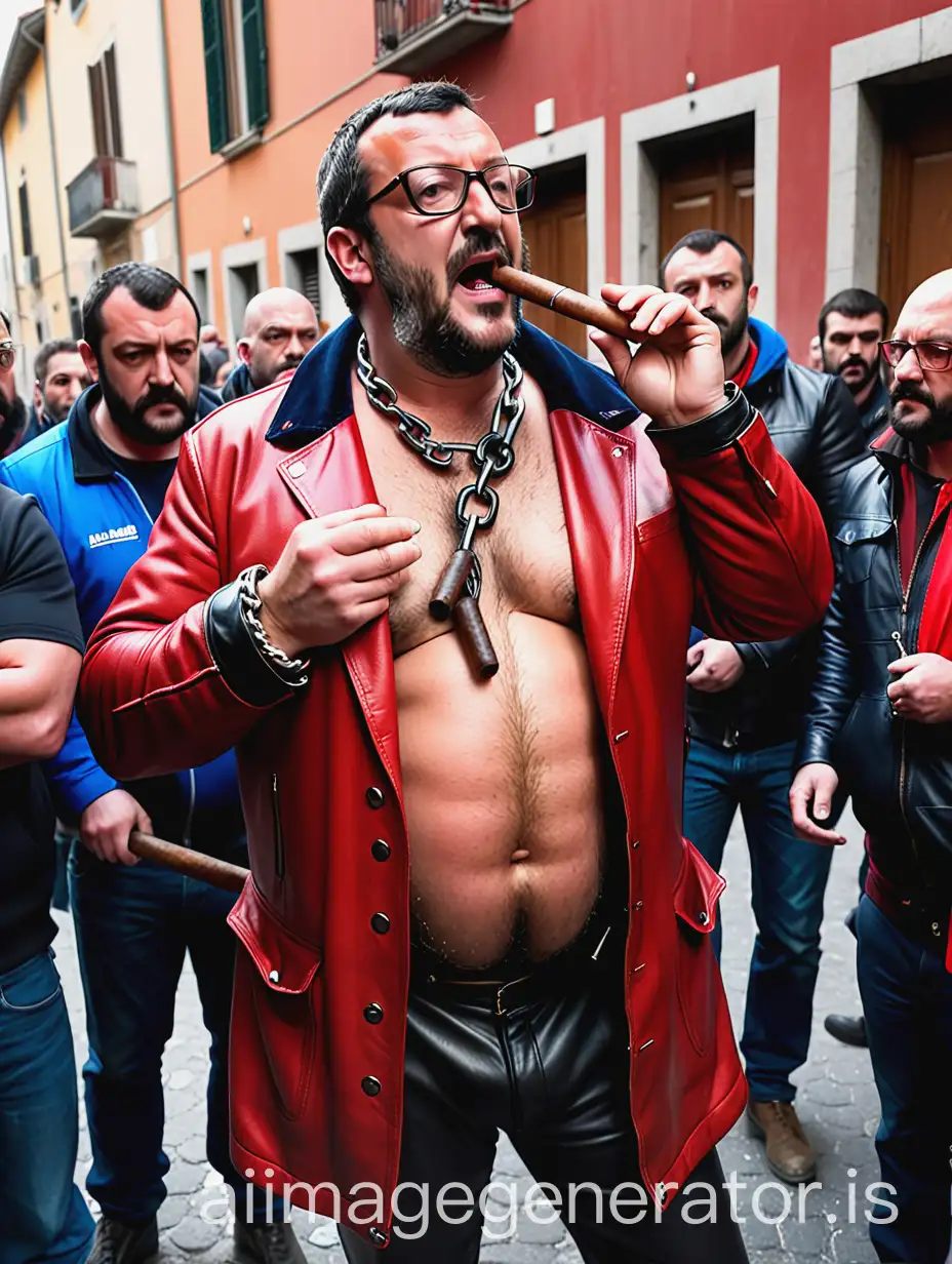 A masculine thick powerful and ruggedly handsome Matteo Salvini smoking a big cigar muscled and bearded  biker red leathers jacket and black leather pants  wearing glasses chained handcuffed to a pole beaten by two strong men